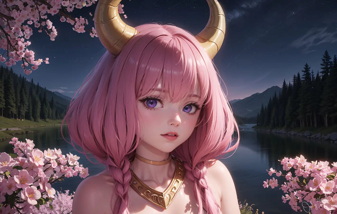 Demon girl with pink hair and horns — desktop and phone wallpaper, free download