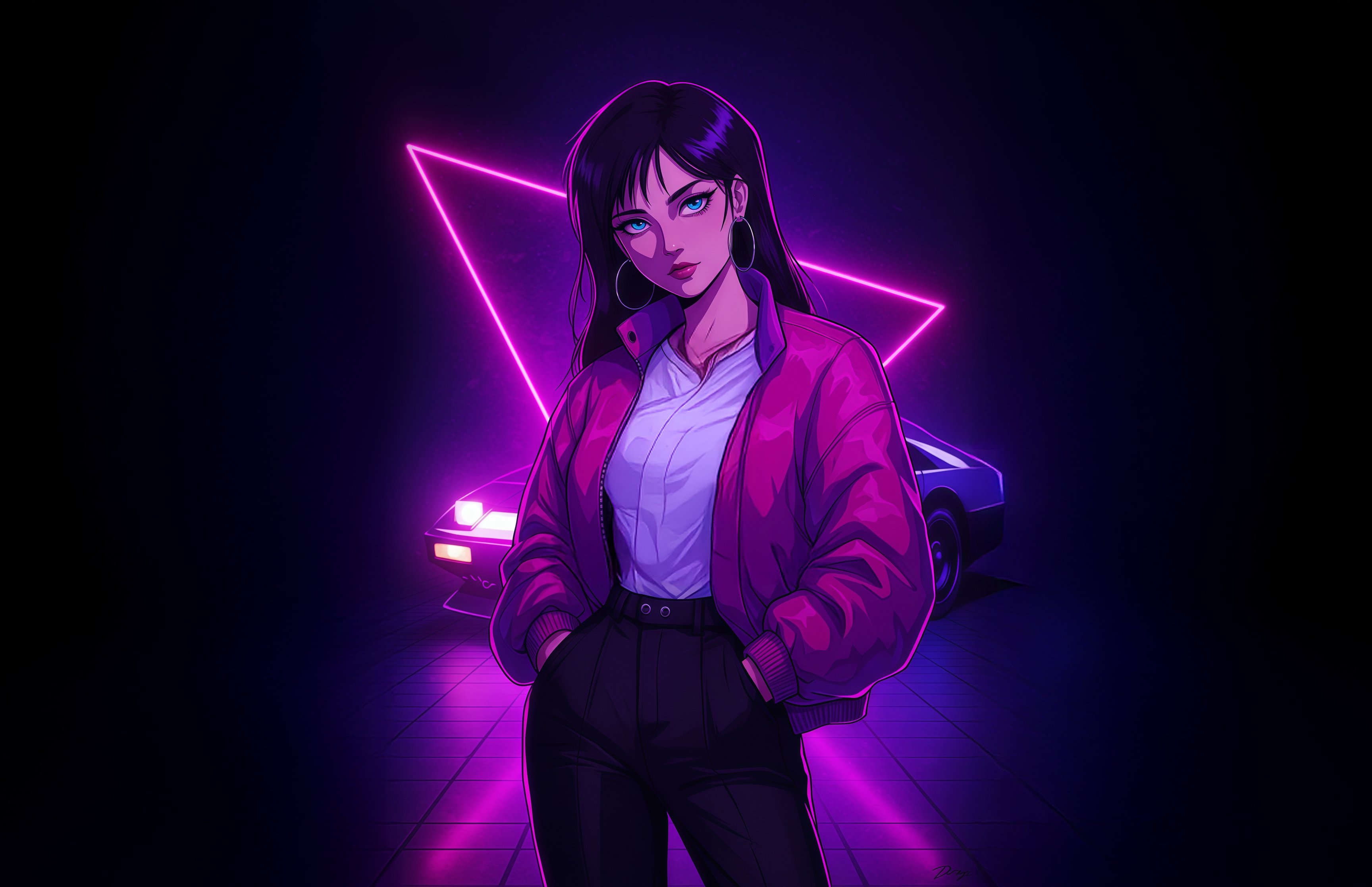 Retro neon girl standing in front of car - Wallpapers for Apple MacBook 16.2″ in 3456x2234 resolution