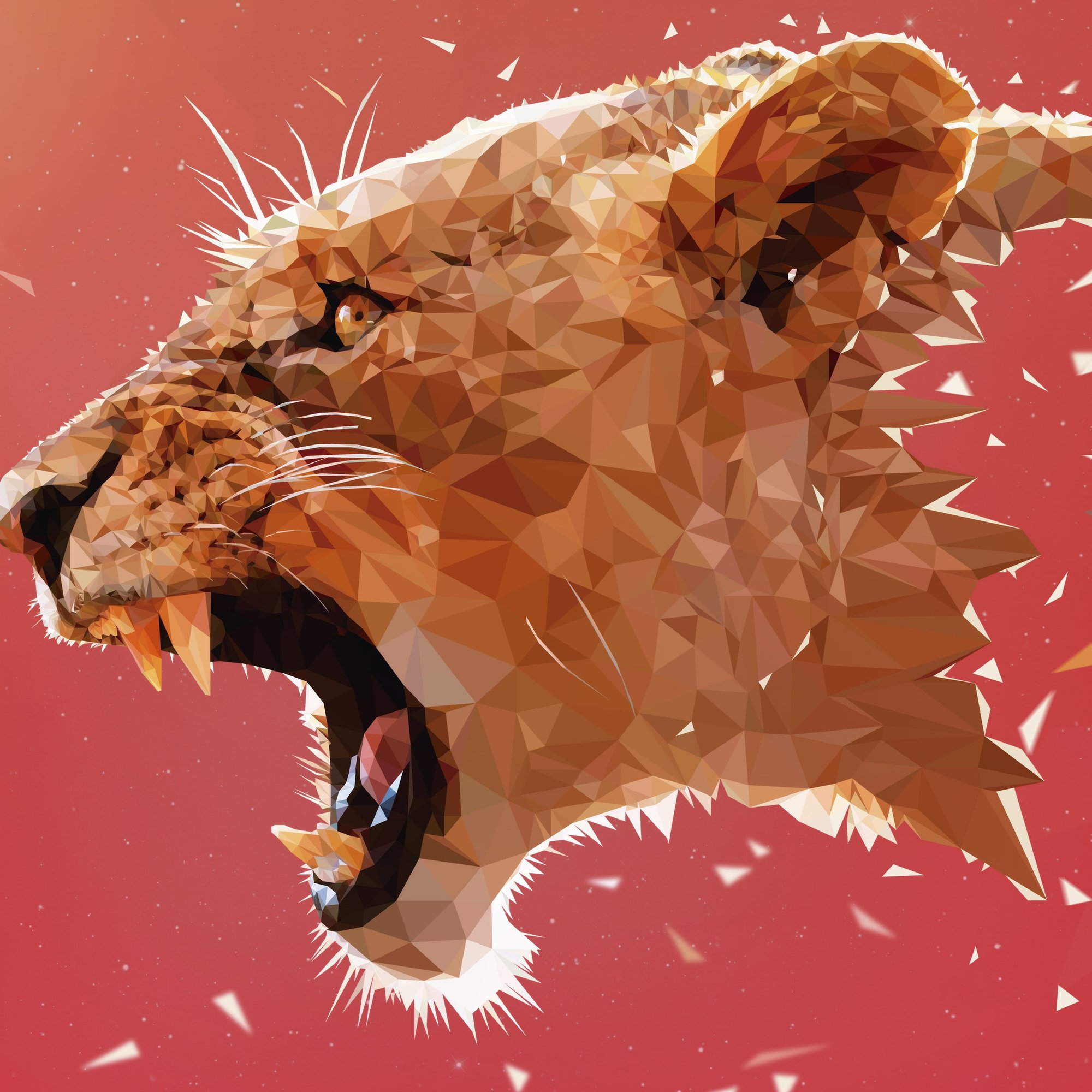 Low poly roaring lioness on red background - Wallpapers for Samsung/Xiaomi in 2000x2000 resolution