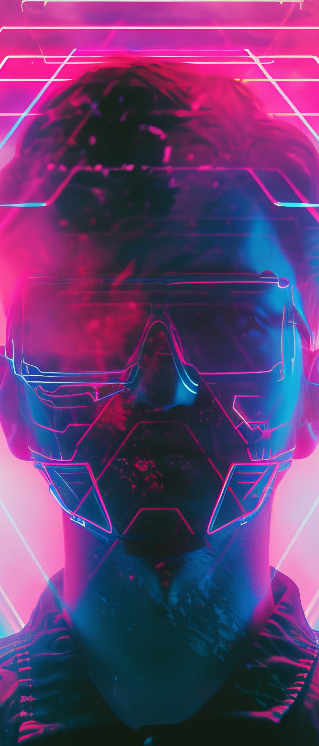 Man in a glitch mask on a neon background - Wallpapers for Samsung Galaxy Z Flip7, Sony Xperia 5 II/5 III/5 V/10 IV/10 V, Xiaomi Mix Fold 3 in 1080x2520 resolution