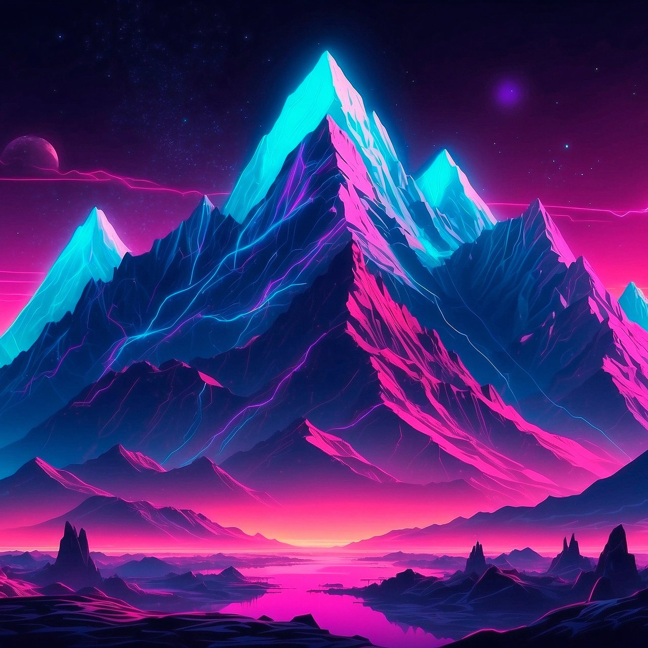 Neon Mountain Peaks under Vibrant Sky - Wallpapers for Lenovo, Huawei in 1280x1280 resolution