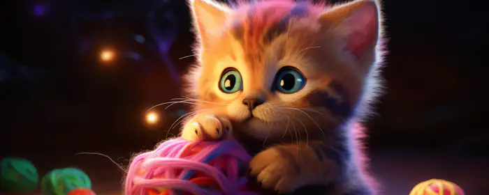 UltraWide 21:9 обои (3440x1440): котёнок, игрушка, зелёные глаза, ночь
