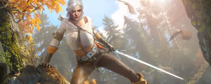 UltraWide 21:9 обои (3440x1440): Цири, The Witcher, меч, лес