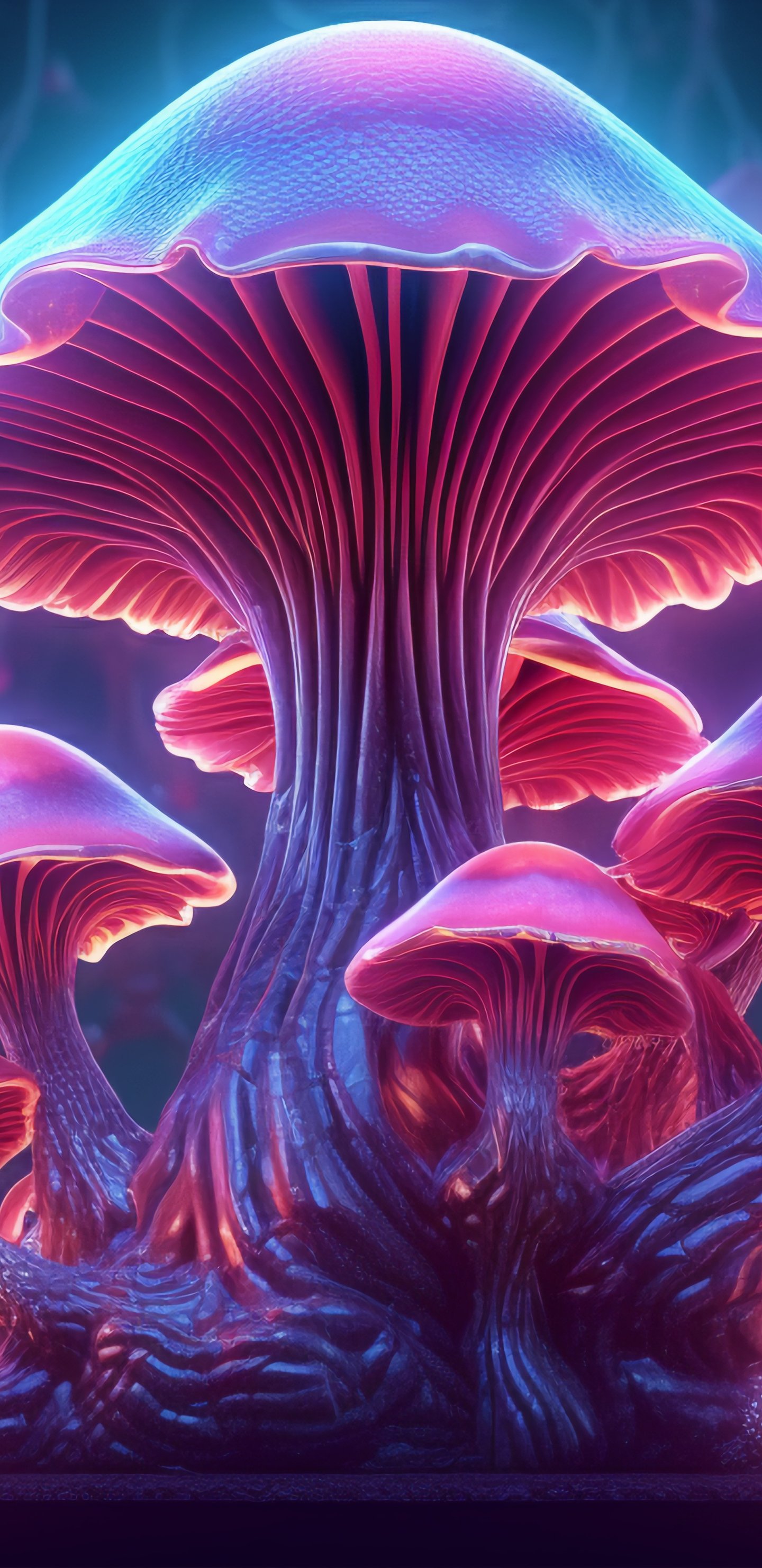 Neon fantasy mushrooms in a magical forest - Wallpapers for Samsung Galaxy S8/S8+/Note 8/S9/S9+/Note 9 in 1440x2960 resolution