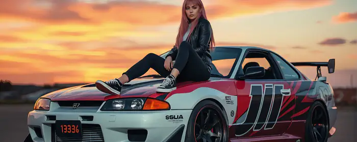 Обои машины: Nissan Skyline R33, девушка, обвес, спойлер
