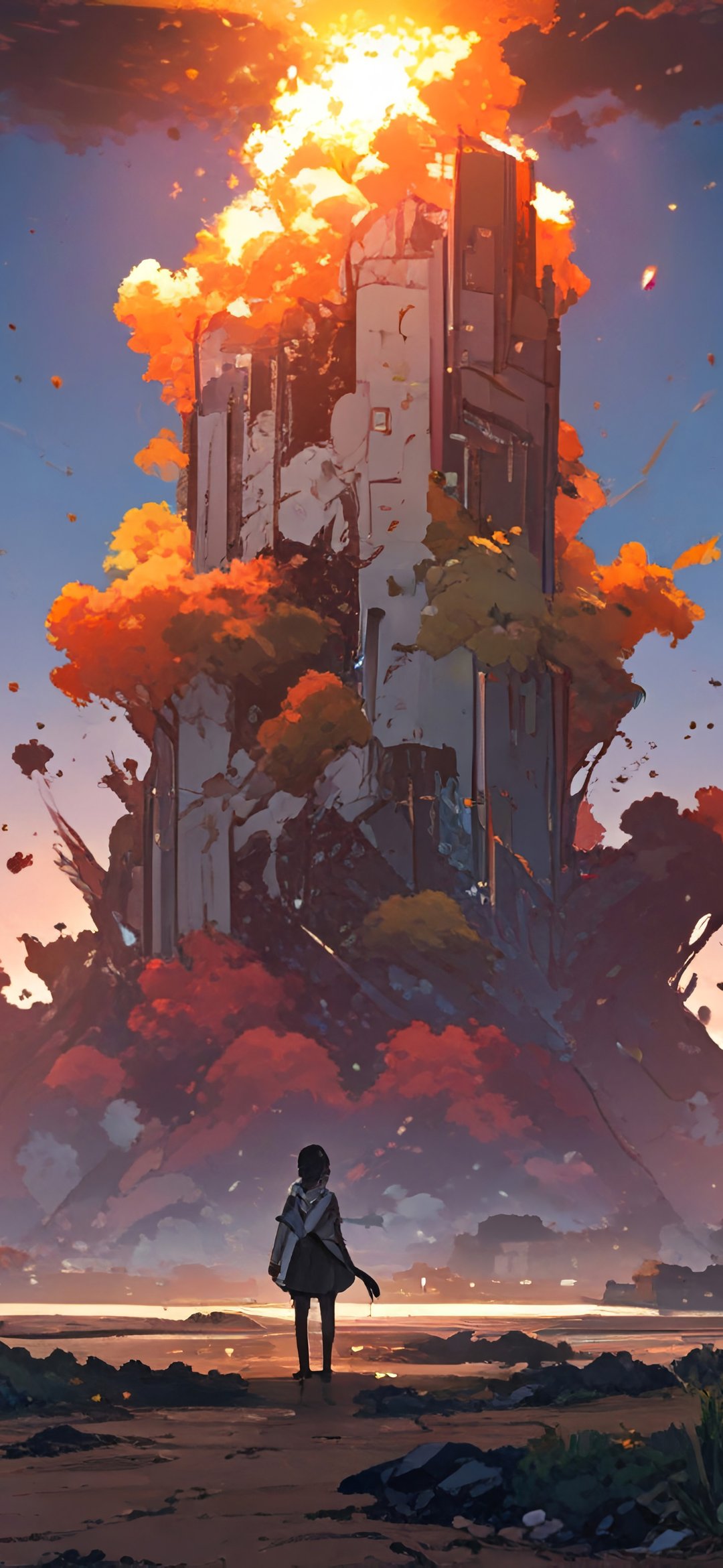 Tower explosion on the apocalypse - Wallpapers for iPhone 12 mini/13 mini, Samsung Galaxy S24/S24 FE/S25/S25 FE/S26/A55/A56/A35/A26/A16/M15, Xiaomi, Sony Xperia in 1080x2340 resolution