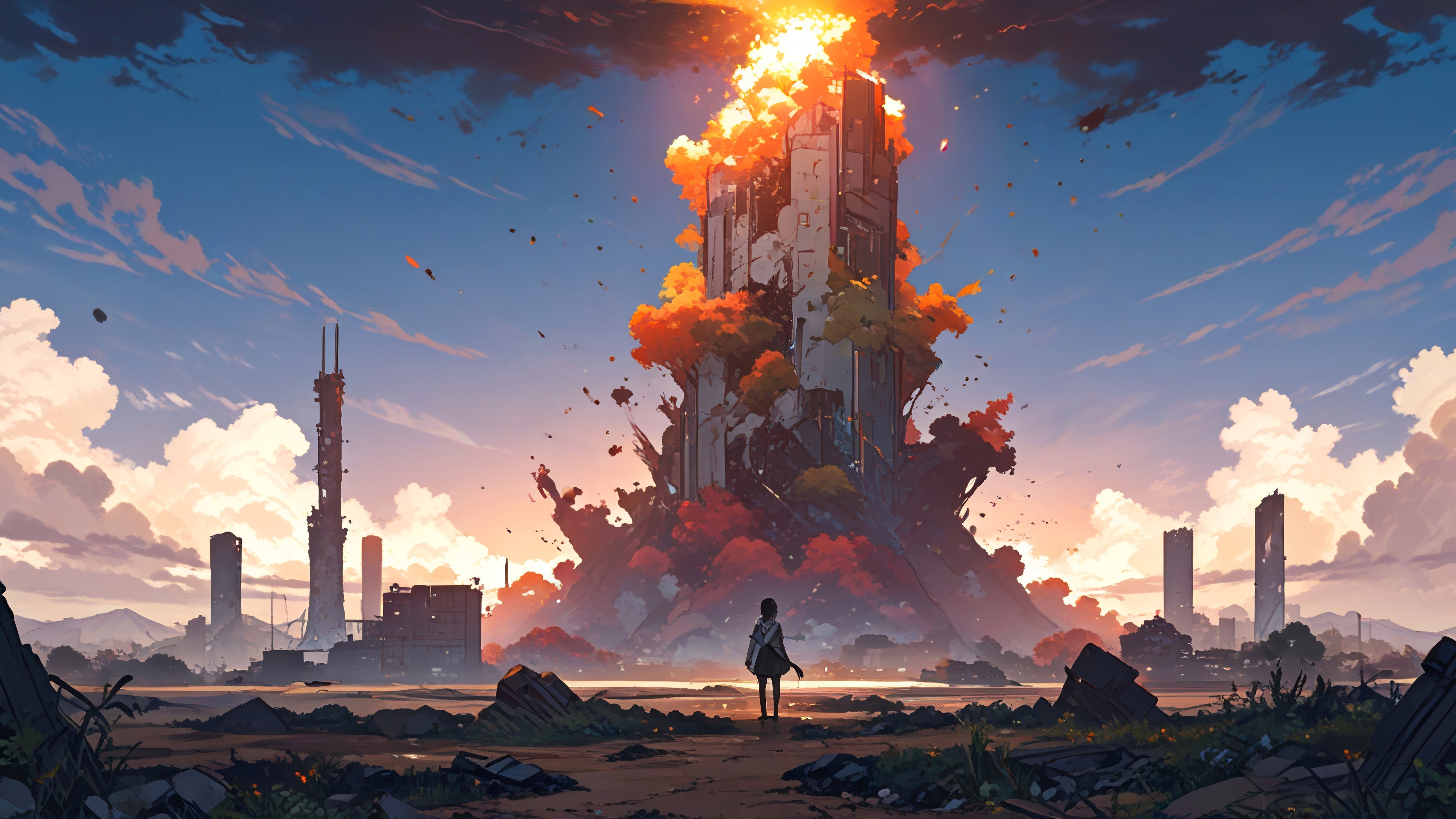 Tower explosion on the apocalypse - Wallpapers for Apple iMac 24″ in 4480x2520 resolution
