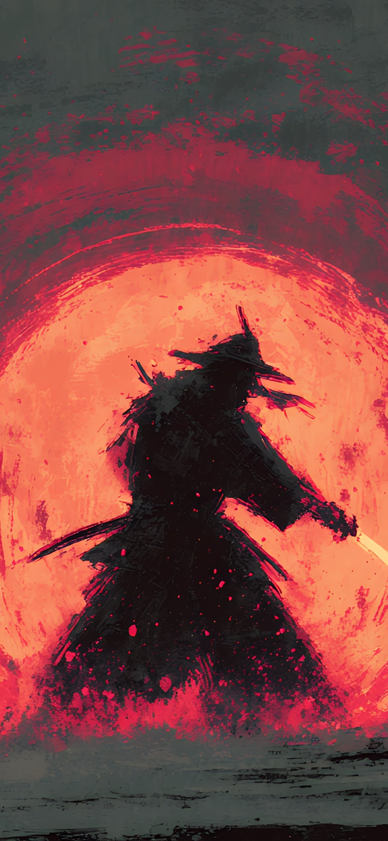 Two samurai duel under fiery red moon - Wallpapers for iPhone 13 Pro Max/12 Pro Max/14 Plus in 1284x2778 resolution