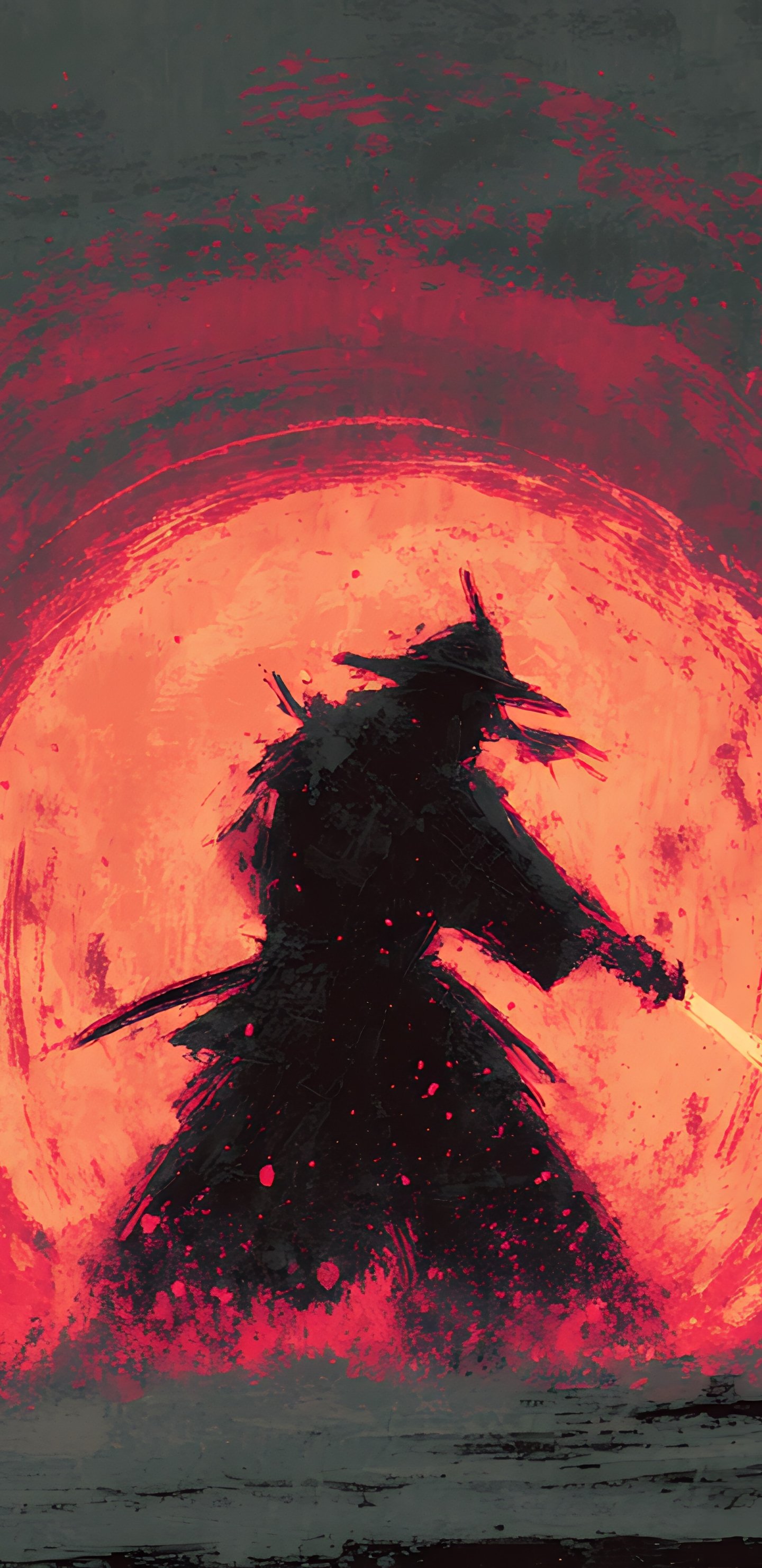 Two samurai duel under fiery red moon - Wallpapers for Samsung Galaxy S8/S8+/Note 8/S9/S9+/Note 9 in 1440x2960 resolution