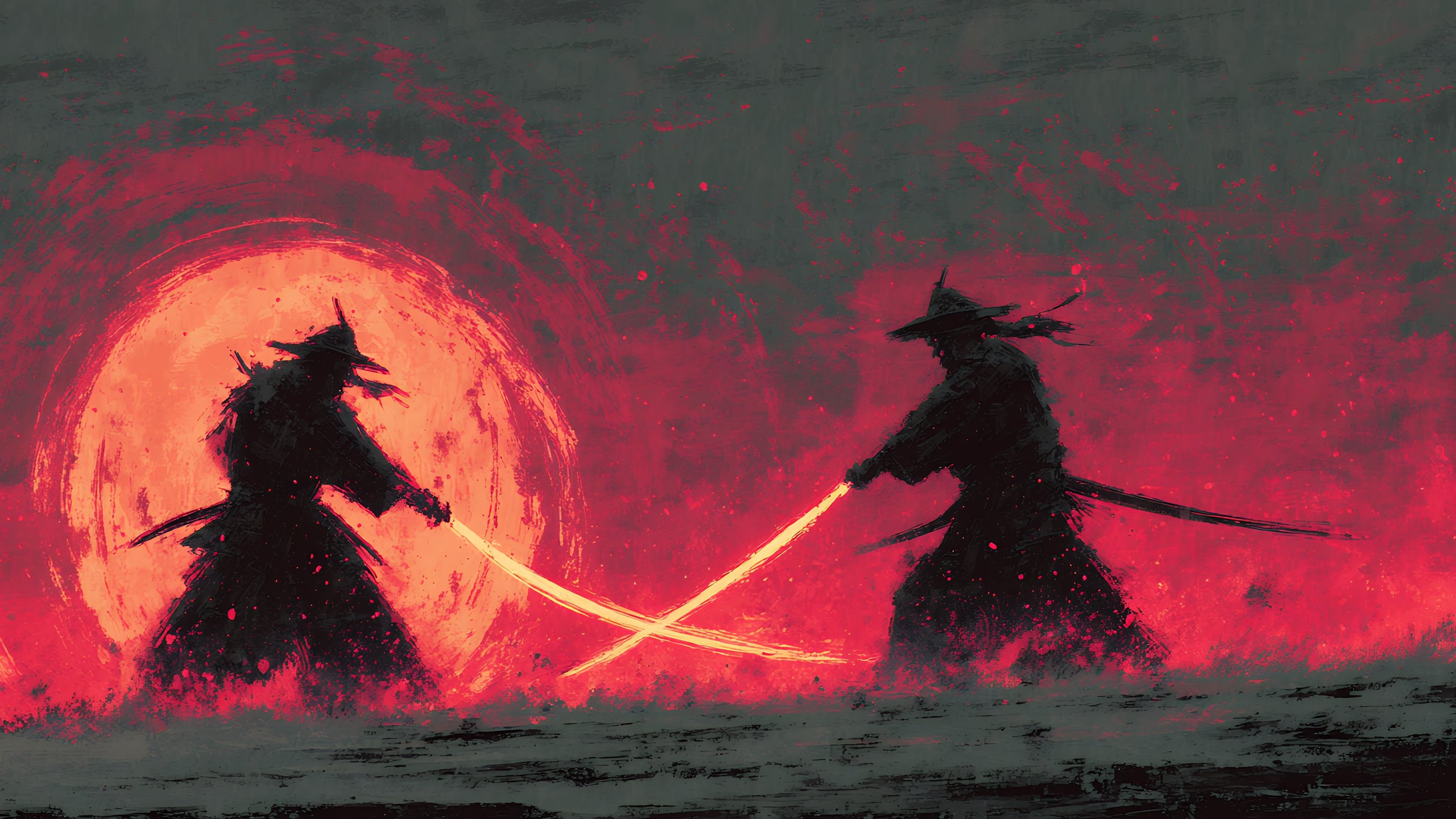 Two samurai duel under fiery red moon - 2K Quad HD wallpapers in 2560x1440 resolution