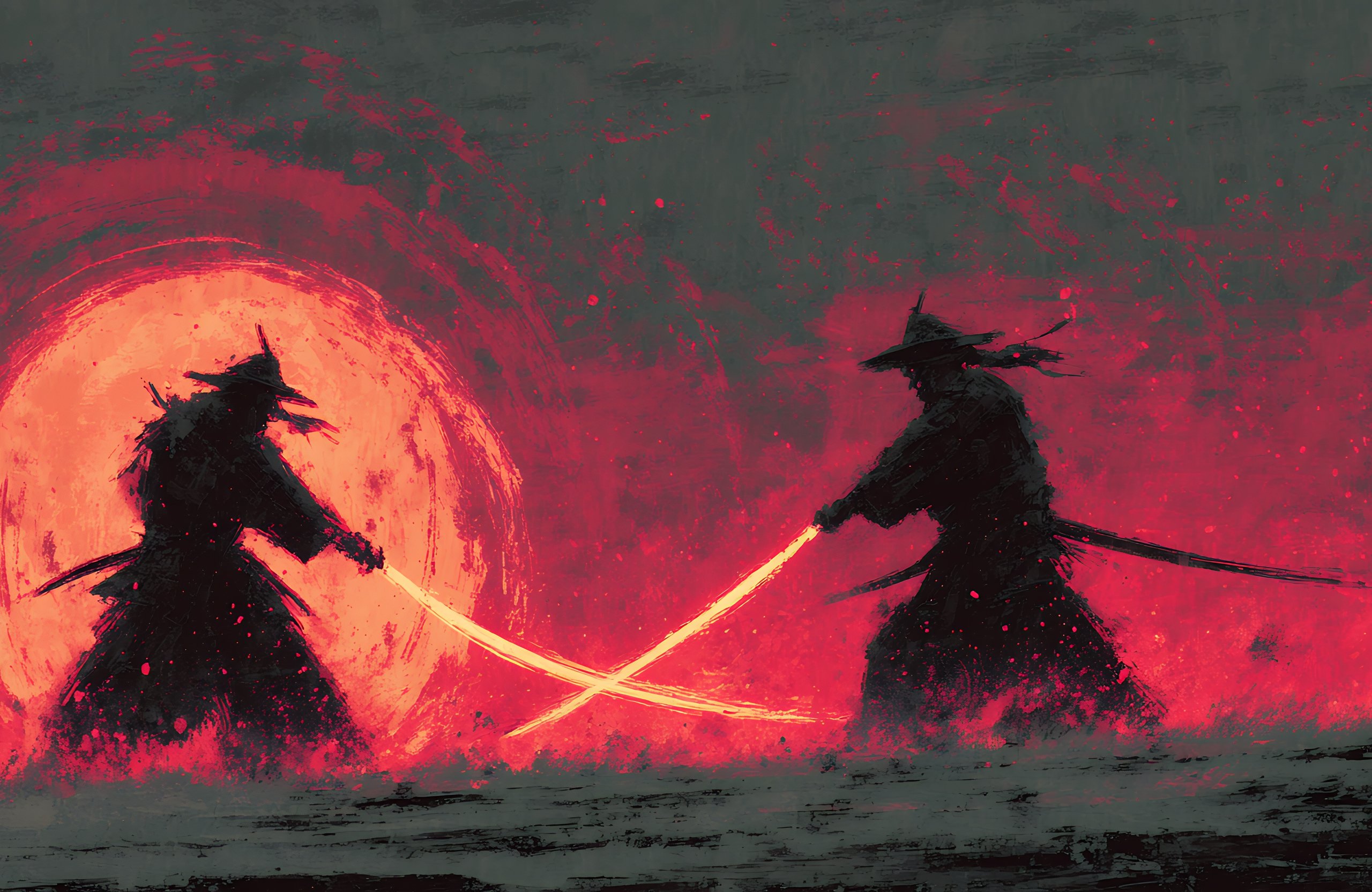 Two samurai duel under fiery red moon - Wallpapers for Apple MacBook Air 13 M2″ in 2560x1664 resolution