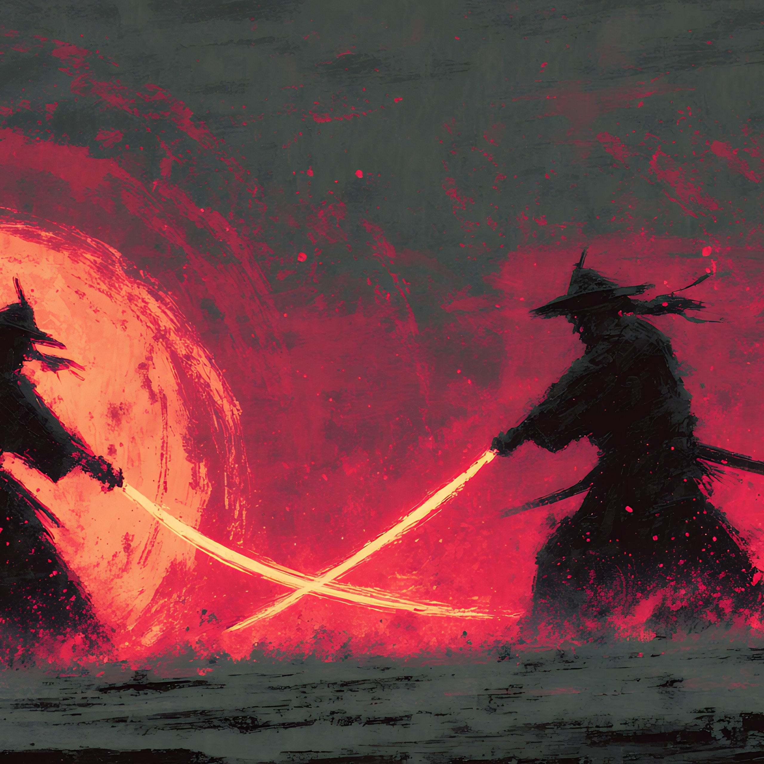 Two samurai duel under fiery red moon - Wallpapers for Samsung Galaxy Tab S9 FE+/Tab S11, Xiaomi Pad 5, Redmi Pad 2 Pro, POCO Pad in 2560x2560 resolution