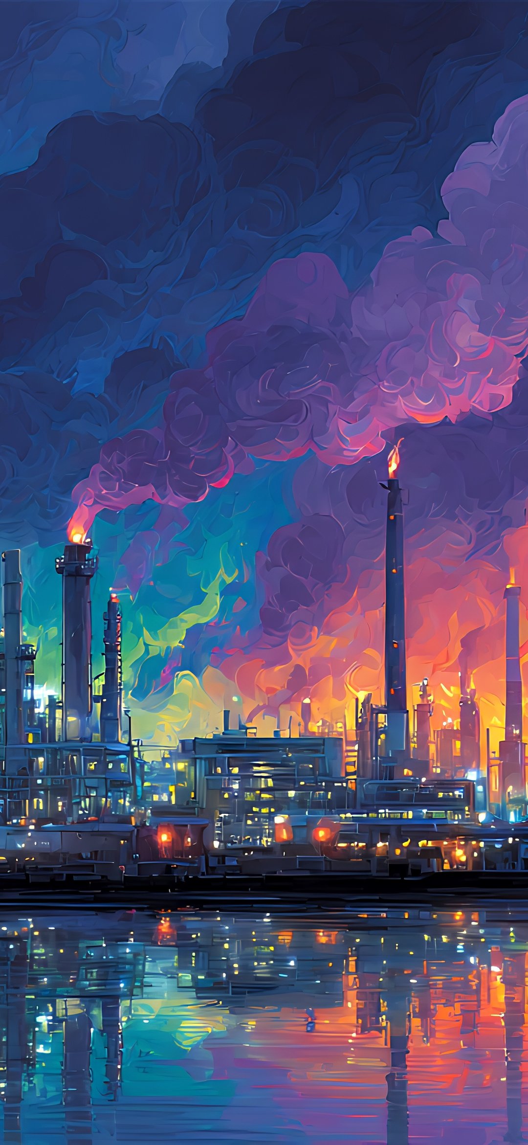 Industrial landscape with colored sky - Wallpapers for iPhone 12 mini/13 mini, Samsung Galaxy S24/S24 FE/S25/S25 FE/S26/A55/A56/A35/A26/A16/M15, Xiaomi, Sony Xperia in 1080x2340 resolution