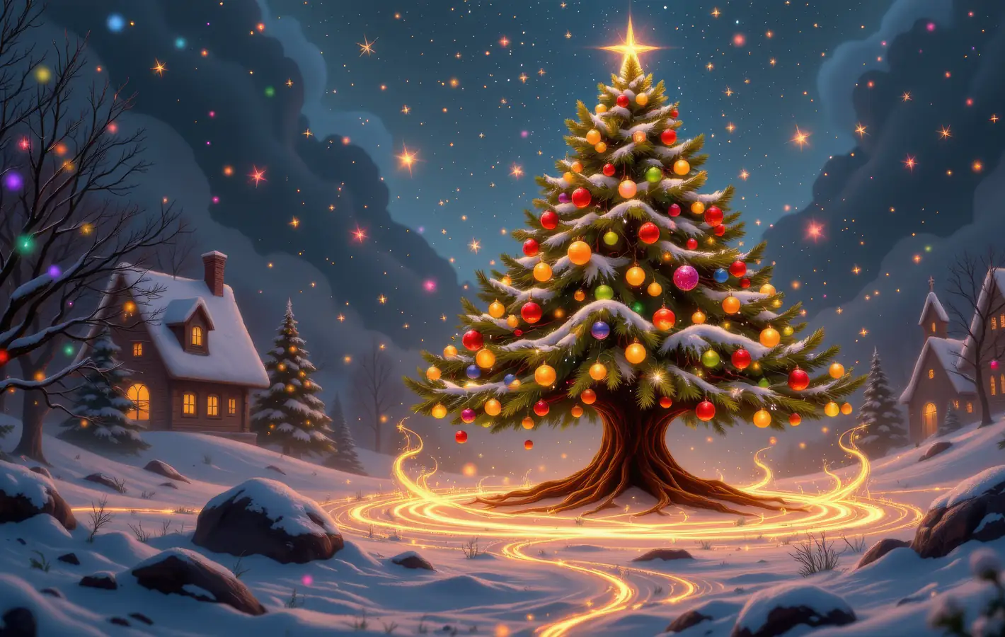 Decorated Christmas tree at night — desktop and phone wallpaper, free download