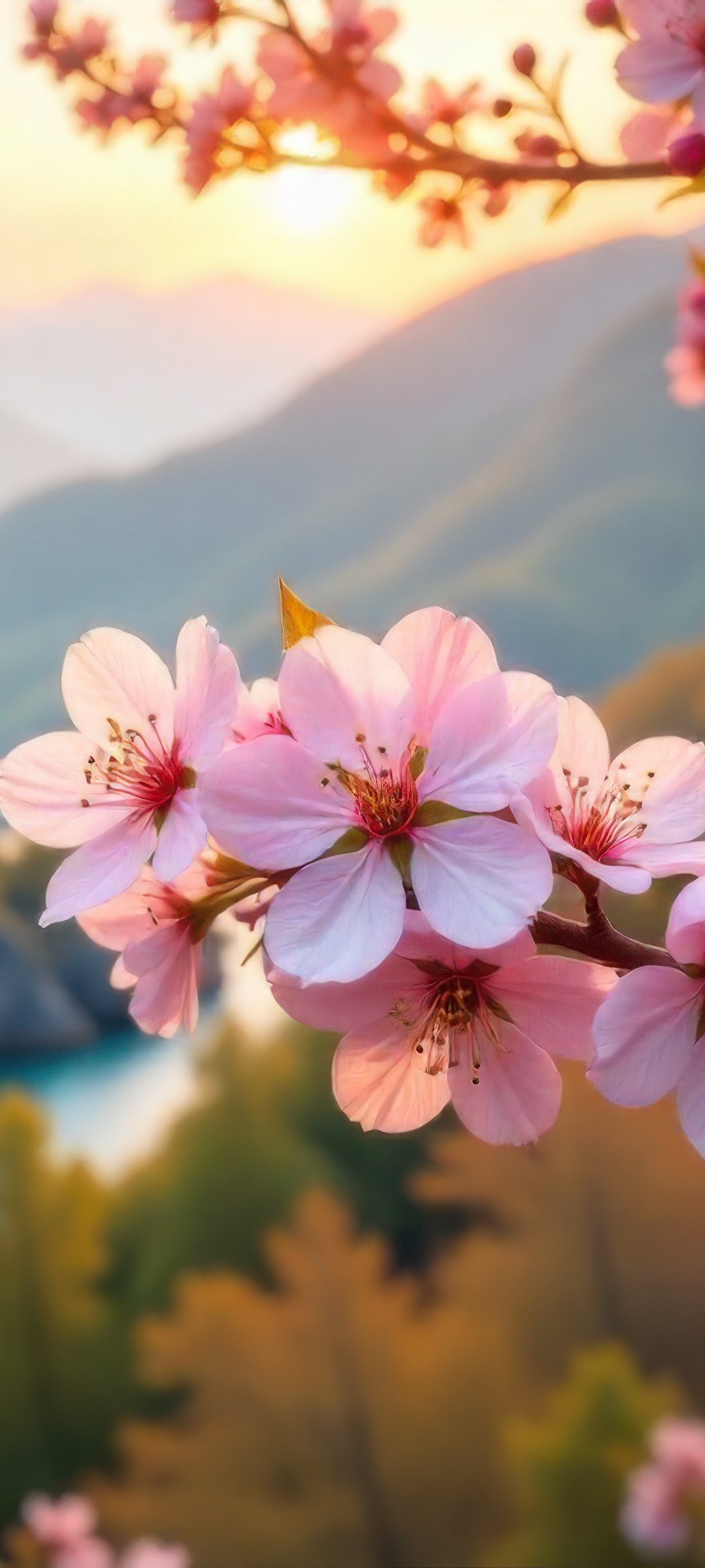 Cherry blossoms in the mountains - Wallpapers for Samsung Galaxy M55, POCO M4/X4/X5, Xiaomi Redmi 12/13/Note 13/Note 14/Note 14S in 1080x2400 resolution