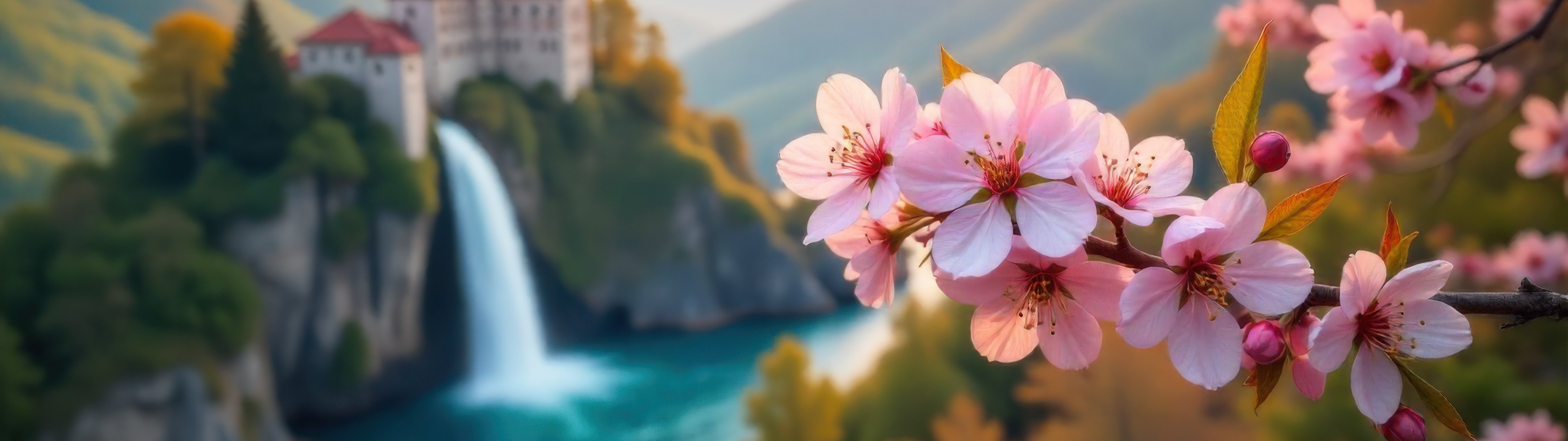 Cherry blossoms in the mountains - UltraWide 32:9 wallpapers in 5120x1440 resolution