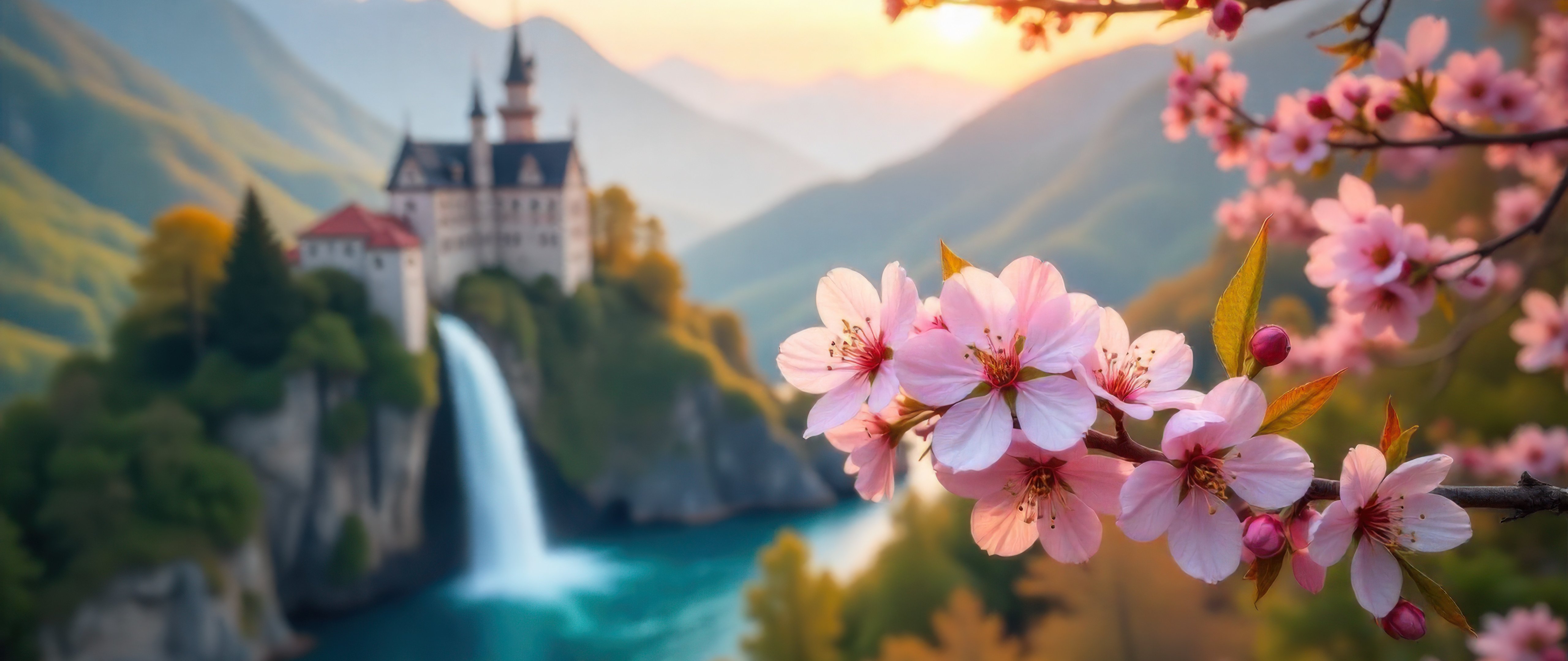 Cherry blossoms in the mountains - 5K2K UltraWide 21:9 wallpapers in 5120x2160 resolution