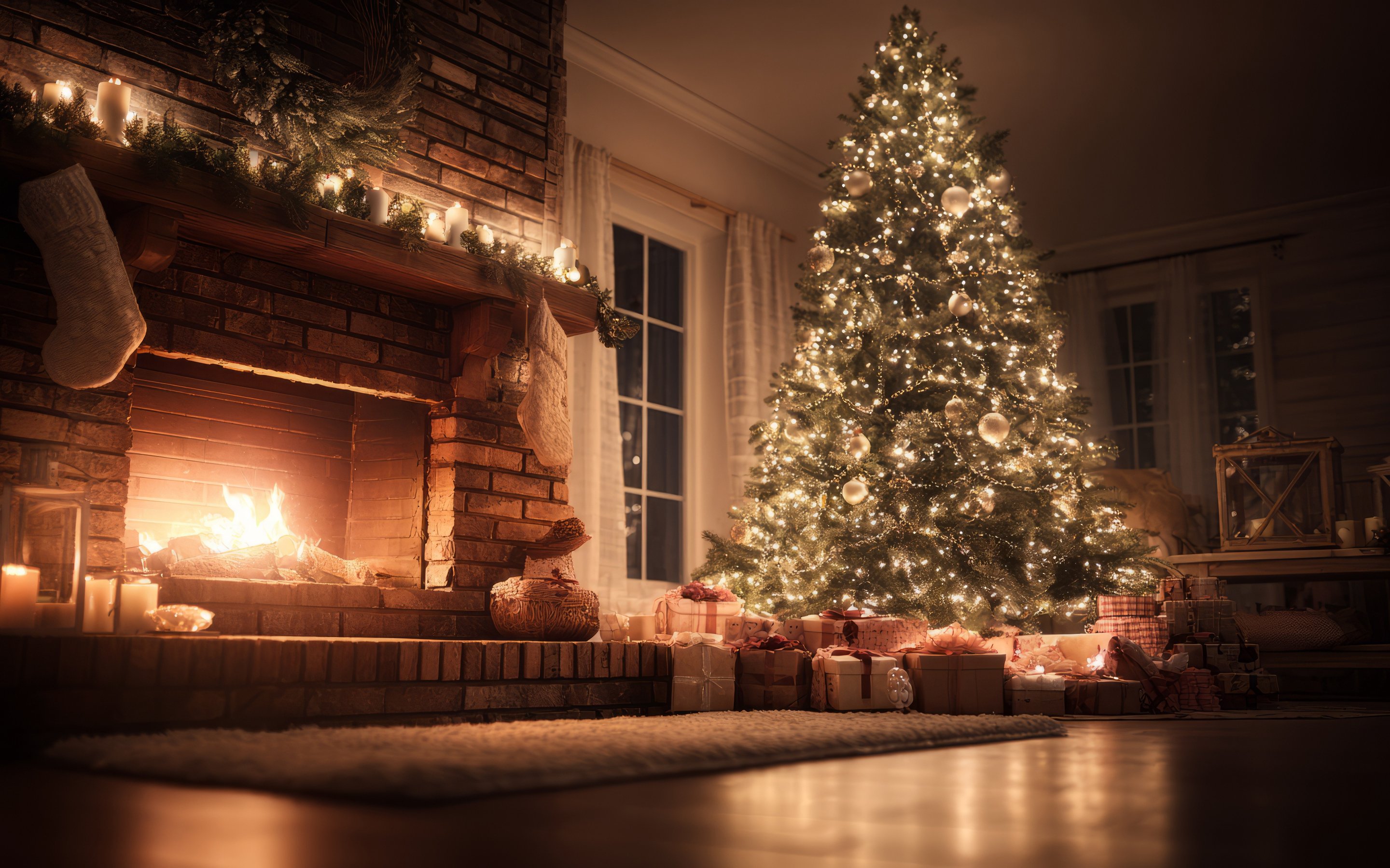 Cozy fireplace with decorated Christmas tree - Wallpapers for Apple MacBook 15″ in 2880x1800 resolution