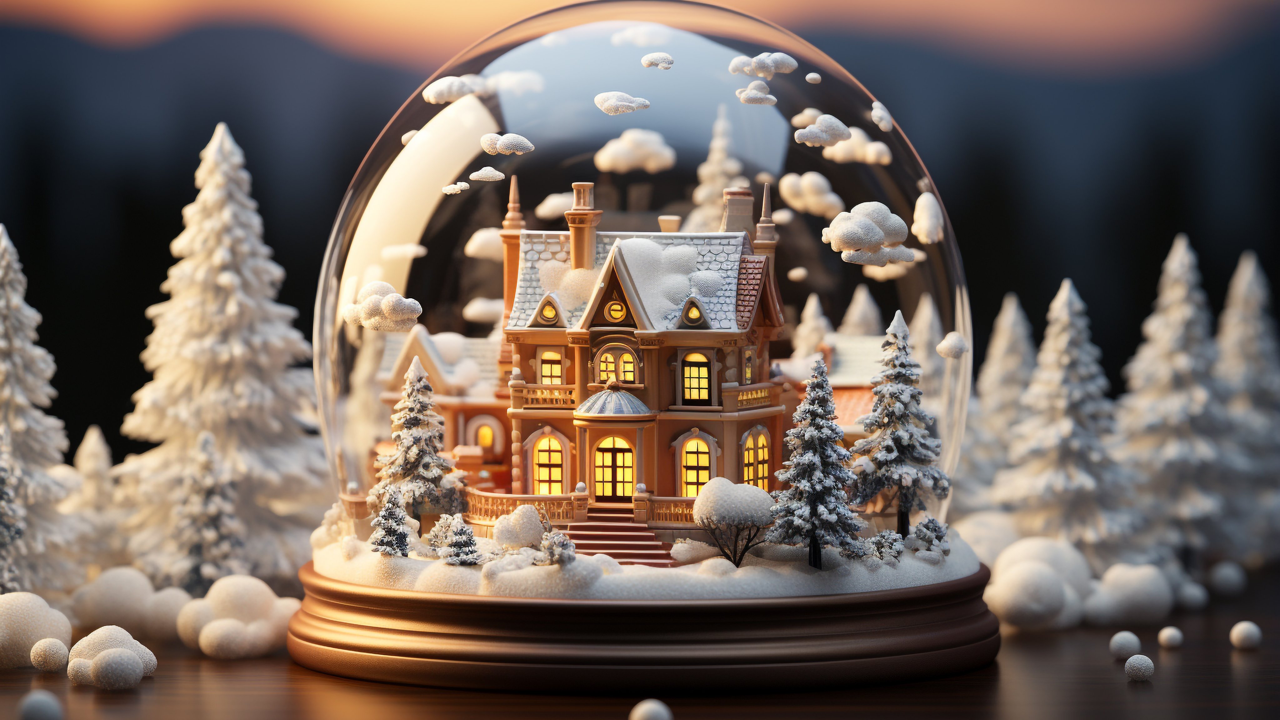 Snow globe with a winter house - Wallpapers for Apple iMac 21.5″ in 4096x2304 resolution