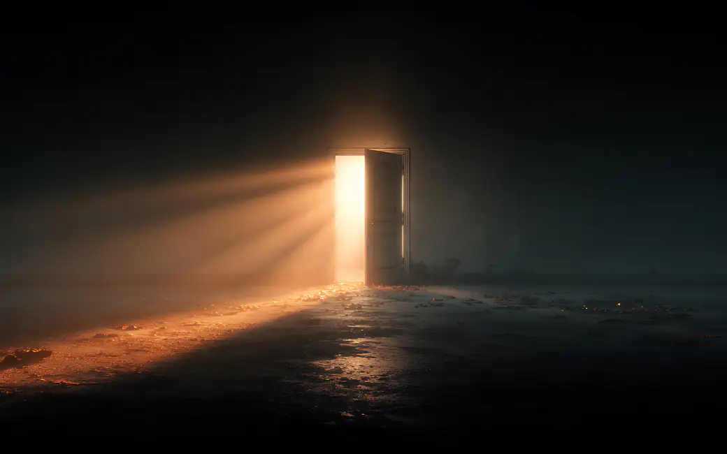 Open door with light rays — desktop and phone wallpaper, free download