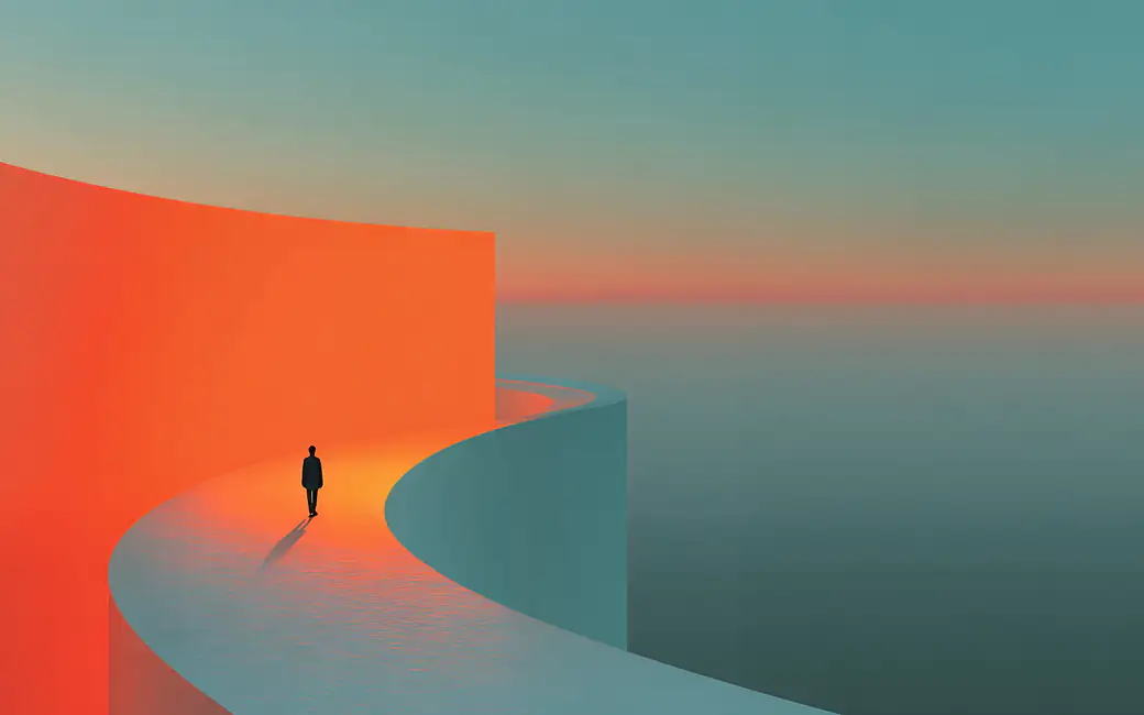Man walking on curved path at sunset — desktop and phone wallpaper, free download