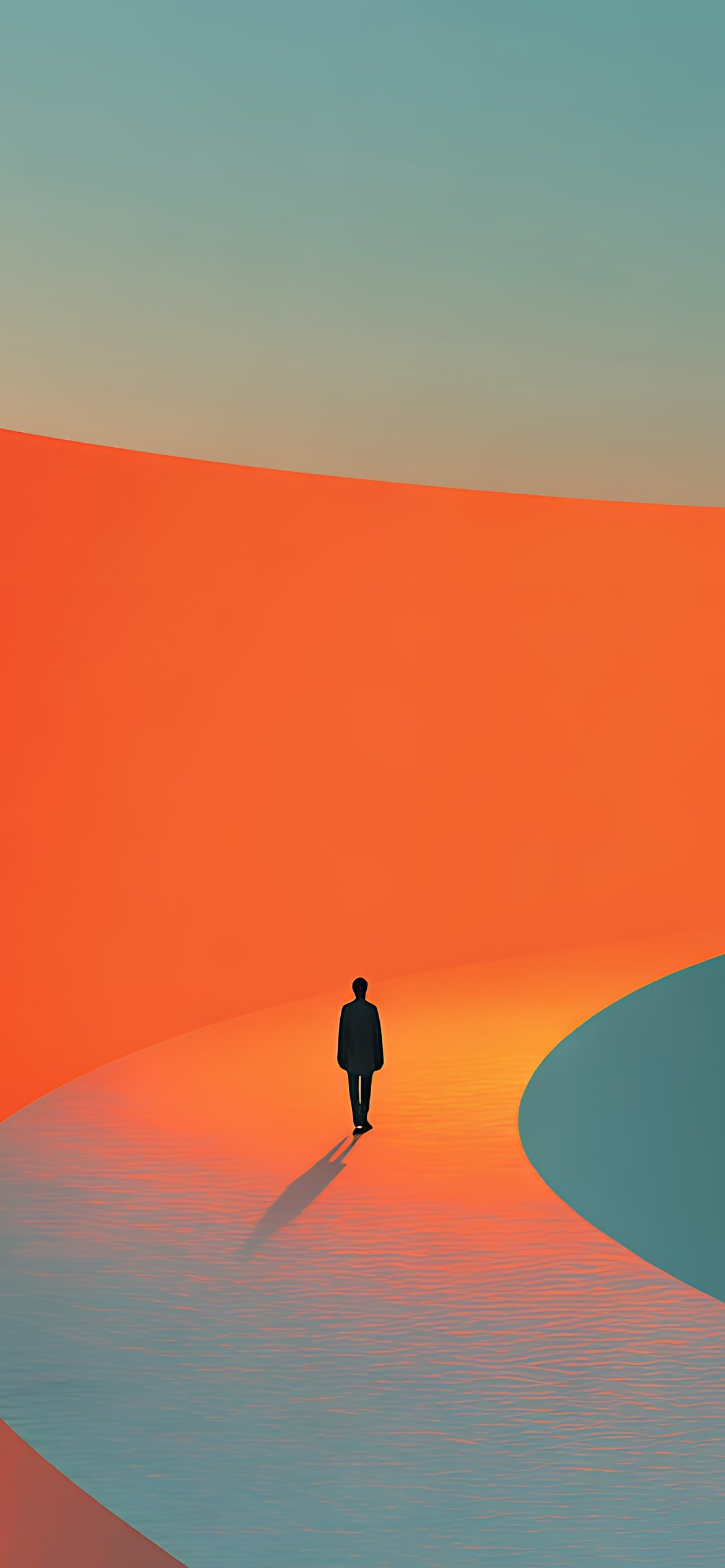 Man walking on curved path at sunset - Wallpapers for iPhone 12 Pro/13 Pro/14 in 1170x2532 resolution