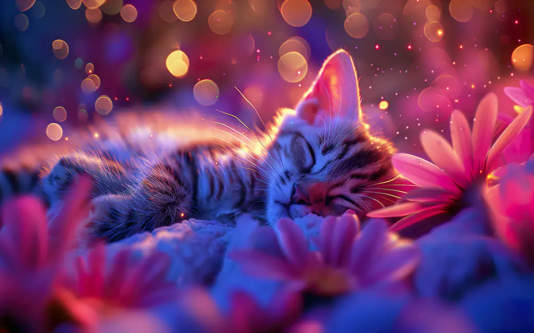 Sleeping kitten surrounded by glowing flowers — desktop and phone wallpaper, free download