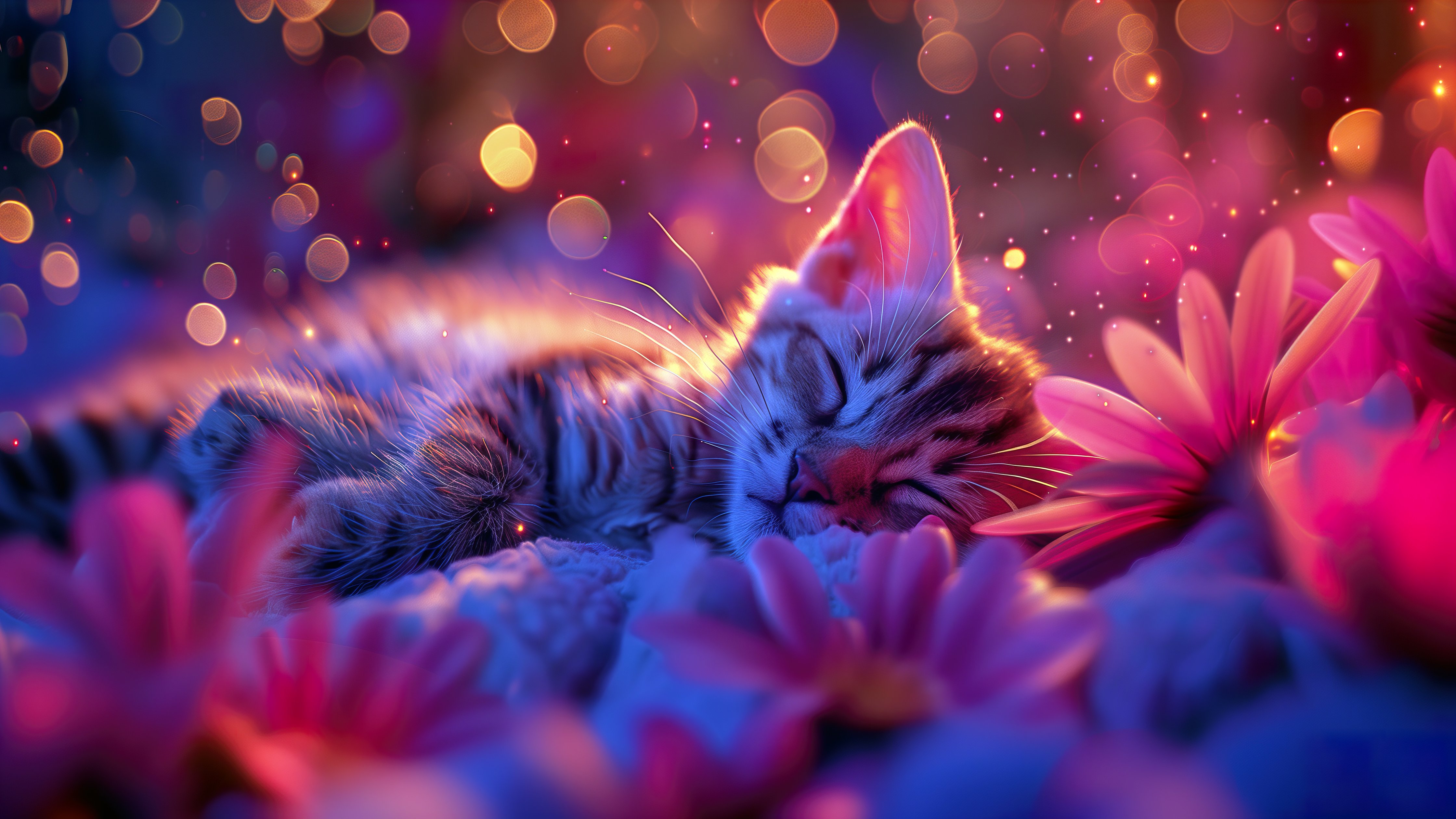Sleeping kitten surrounded by glowing flowers - Wallpapers for Apple iMac 24″ in 4480x2520 resolution