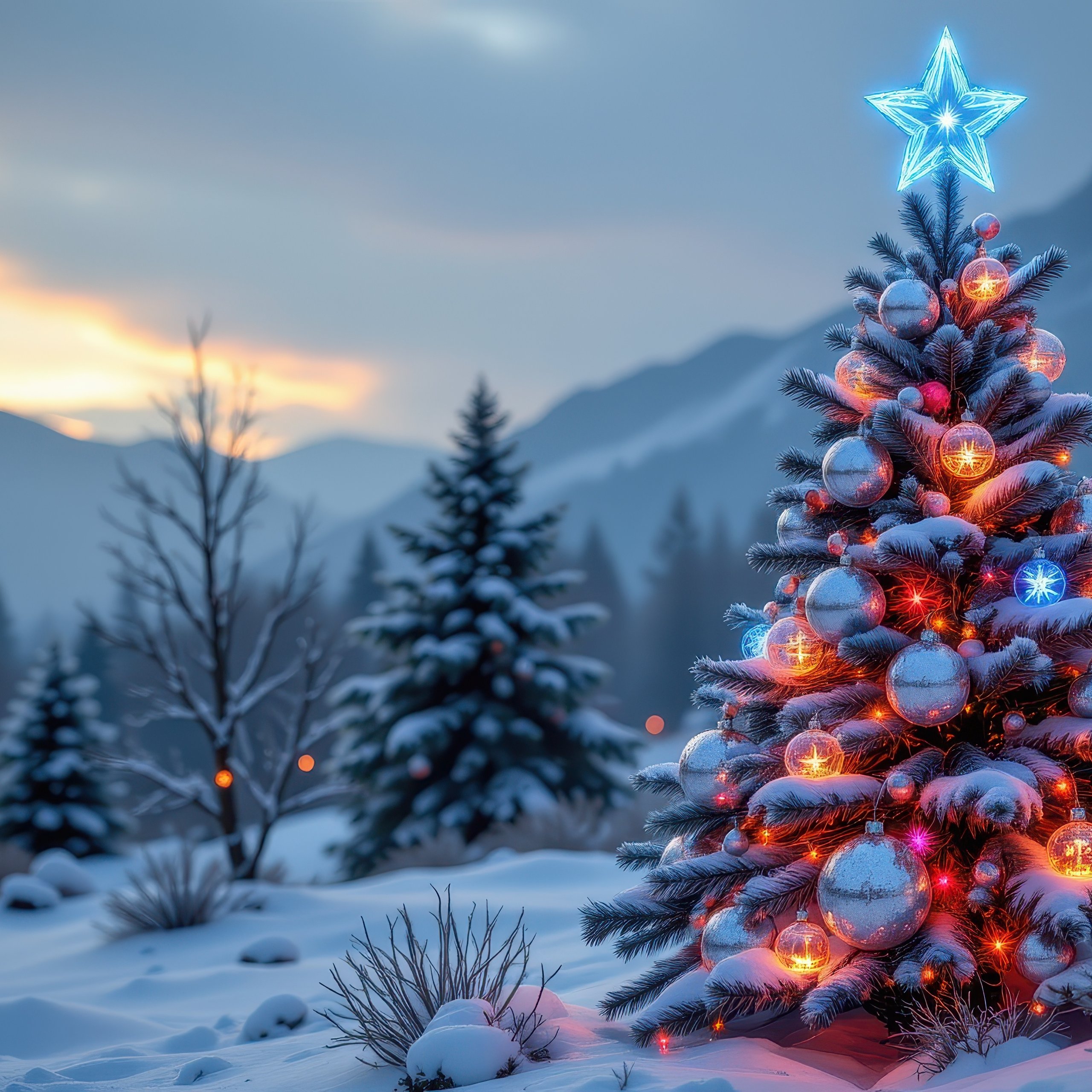 Snowy Christmas tree with glowing star - Wallpapers for Samsung Galaxy Tab S9 FE+/Tab S11, Xiaomi Pad 5, Redmi Pad 2 Pro, POCO Pad in 2560x2560 resolution