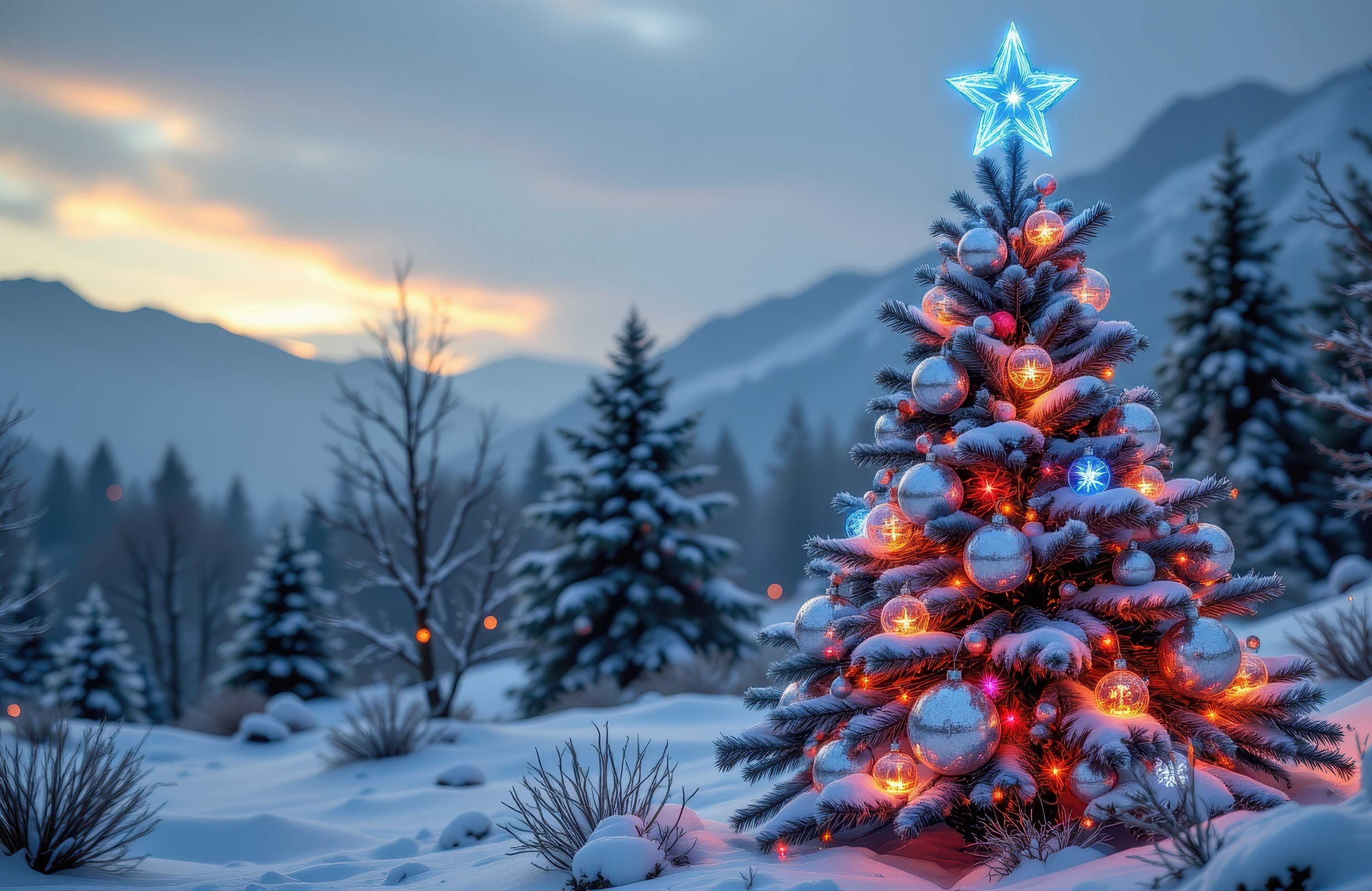 Snowy Christmas tree with glowing star - Wallpapers for Apple MacBook 14.2″ in 3024x1964 resolution