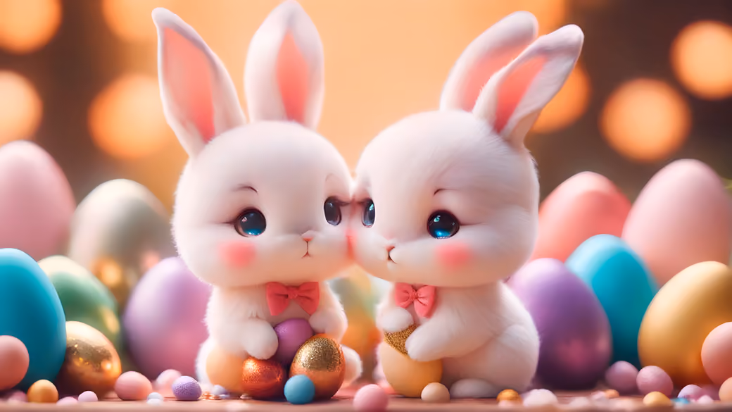 Two cute white bunnies with Easter eggs - Full HD wallpapers in 1920x1080 resolution