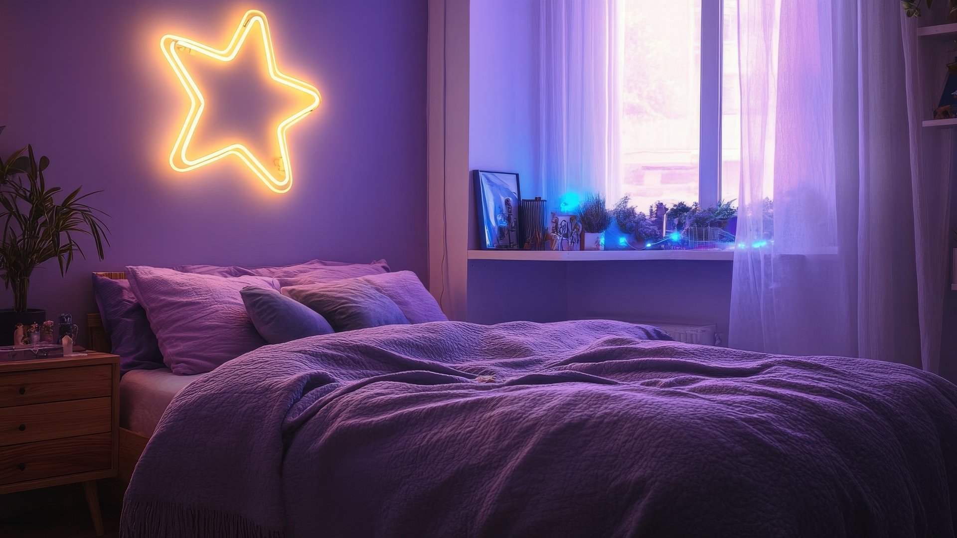 Cozy bedroom with neon light - Full HD wallpapers in 1920x1080 resolution