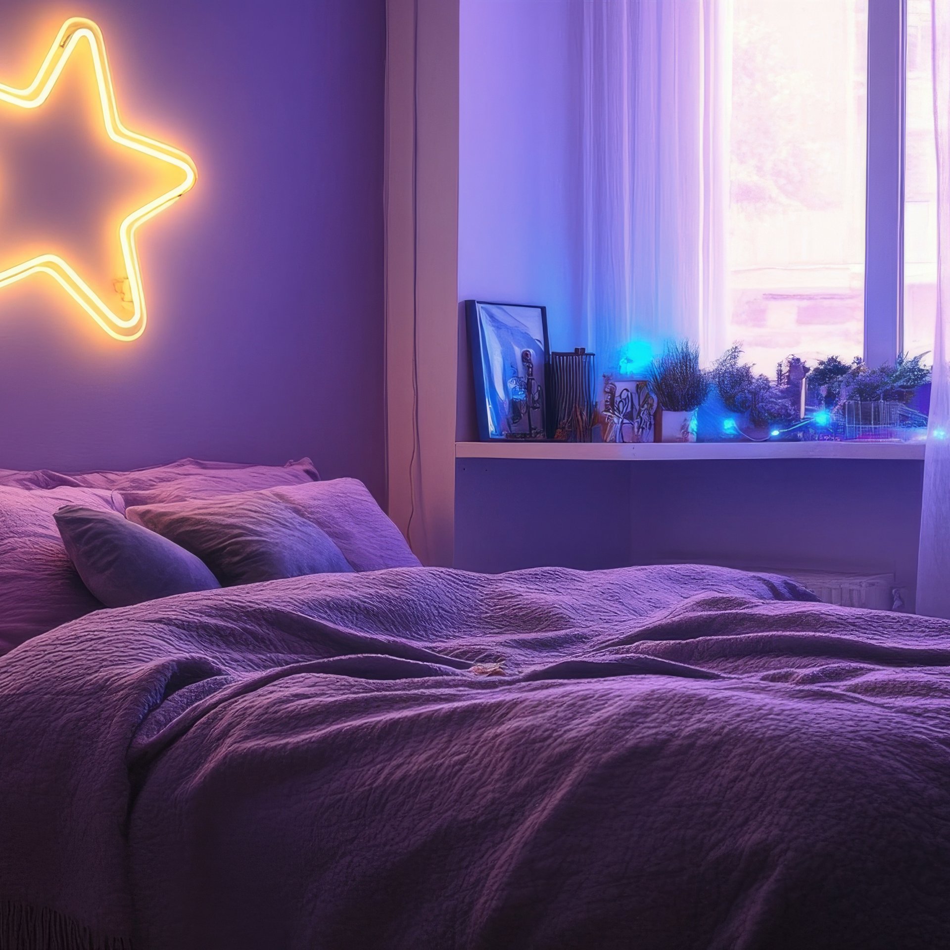 Cozy bedroom with neon light - Wallpapers for Samsung Galaxy Tab in 1920x1920 resolution