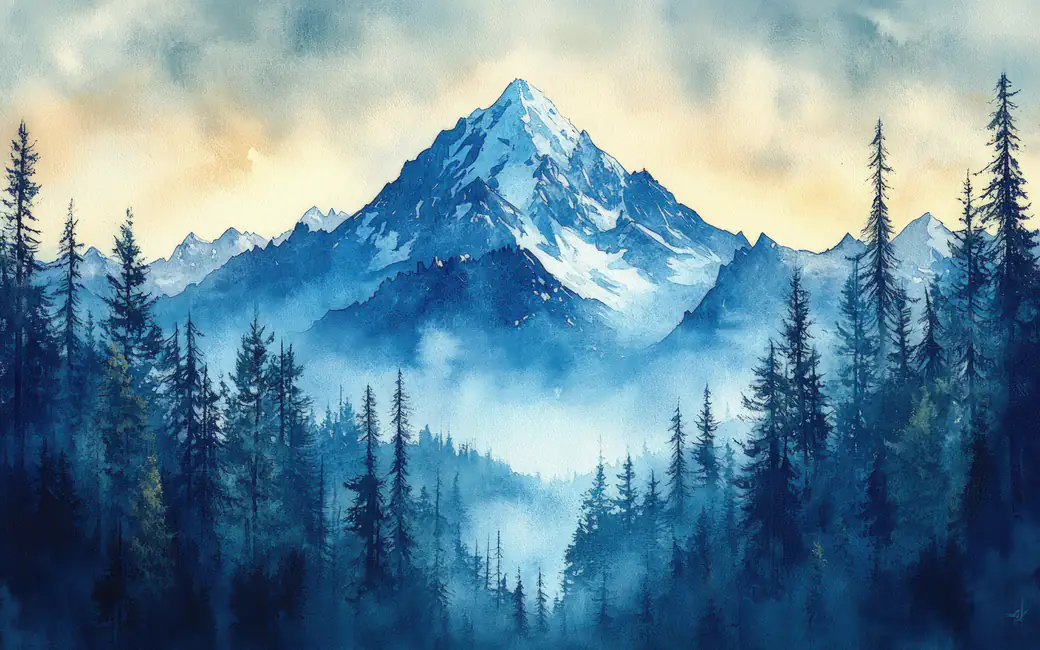 Snowy mountain peak above pine forest — desktop and phone wallpaper, free download
