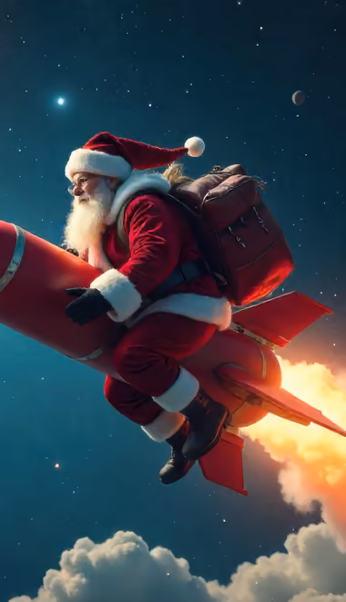 Fantasy wallpapers: Santa Claus, rocket, stars, asteroid