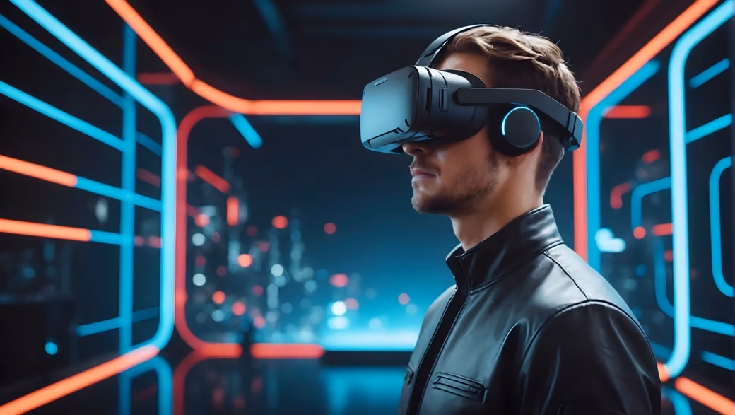 Man using VR headset in neon room - Wallpapers for iPad 10.2″ in 2160x2160 resolution