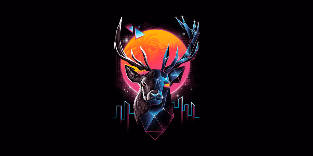 Retro neon deer with moon — desktop and phone wallpaper, free download
