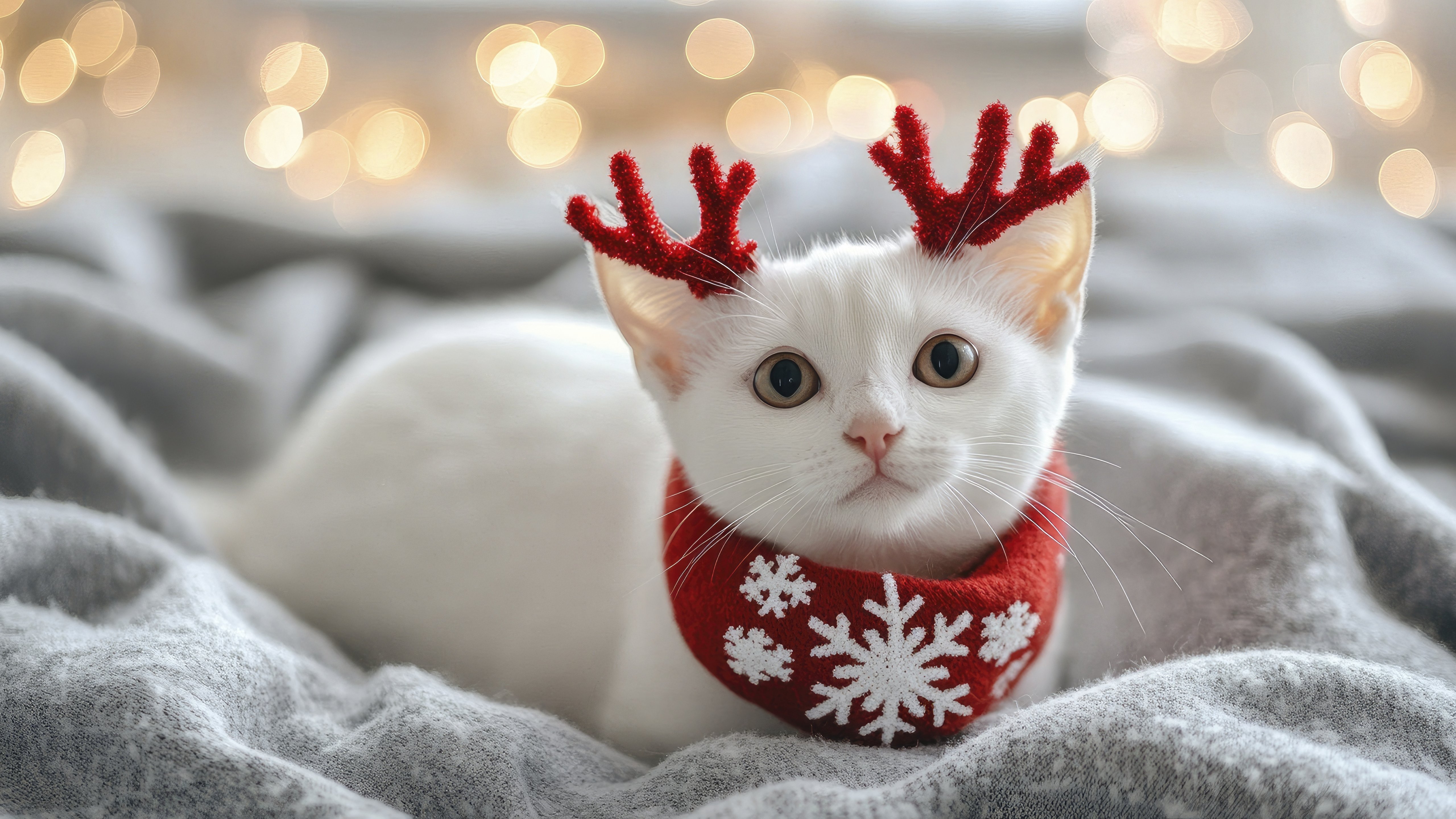 White cat with red horns - 5K wallpapers in 5120x2880 resolution