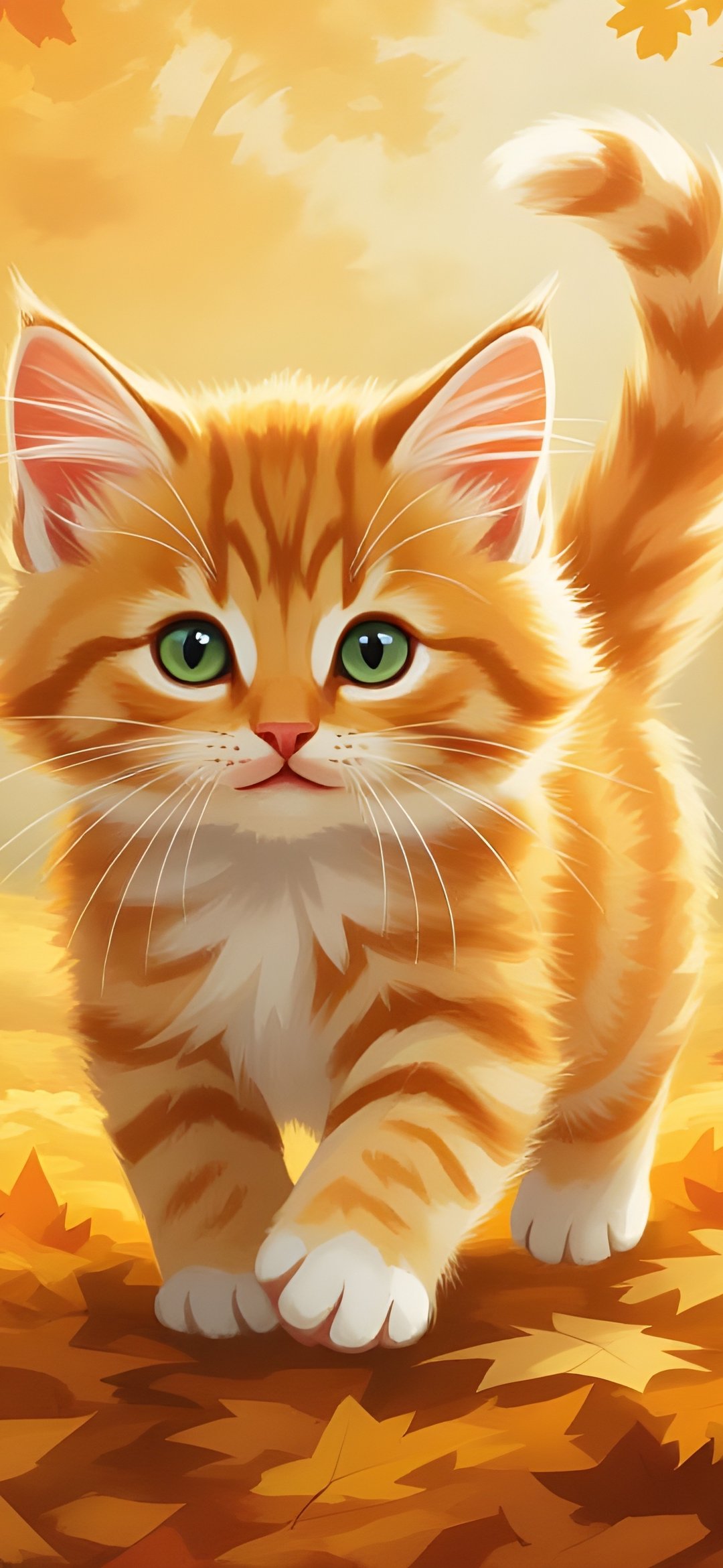 Kitten in an orange autumn forest - Wallpapers for iPhone 12 mini/13 mini, Samsung Galaxy S24/S24 FE/S25/S25 FE/S26/A55/A56/A35/A26/A16/M15, Xiaomi, Sony Xperia in 1080x2340 resolution