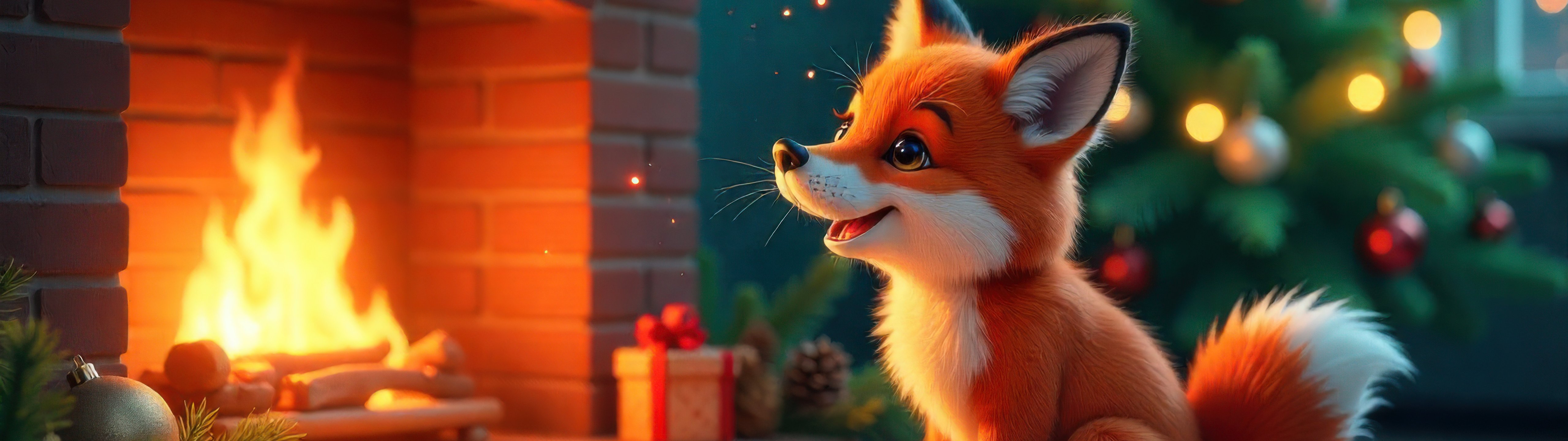Little fox cub by the fireplace - UltraWide 32:9 wallpapers in 5120x1440 resolution