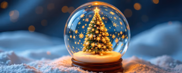 UltraWide 21:9 Winter mood wallpapers (2560x1080): snow globe, christmas tree, snowflakes, stars