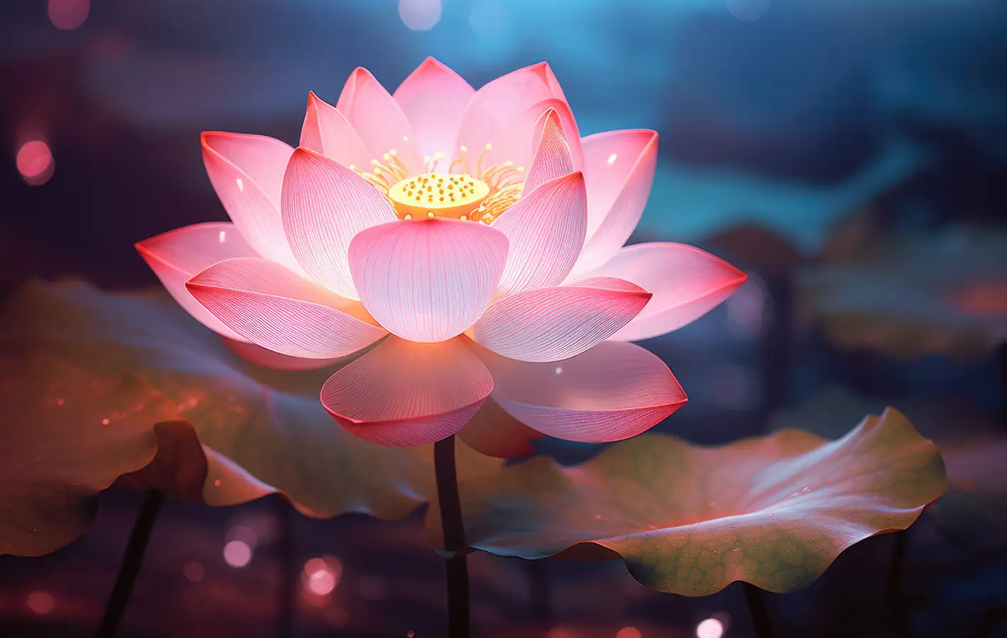 Pink lotus glows at night — desktop and phone wallpaper, free download