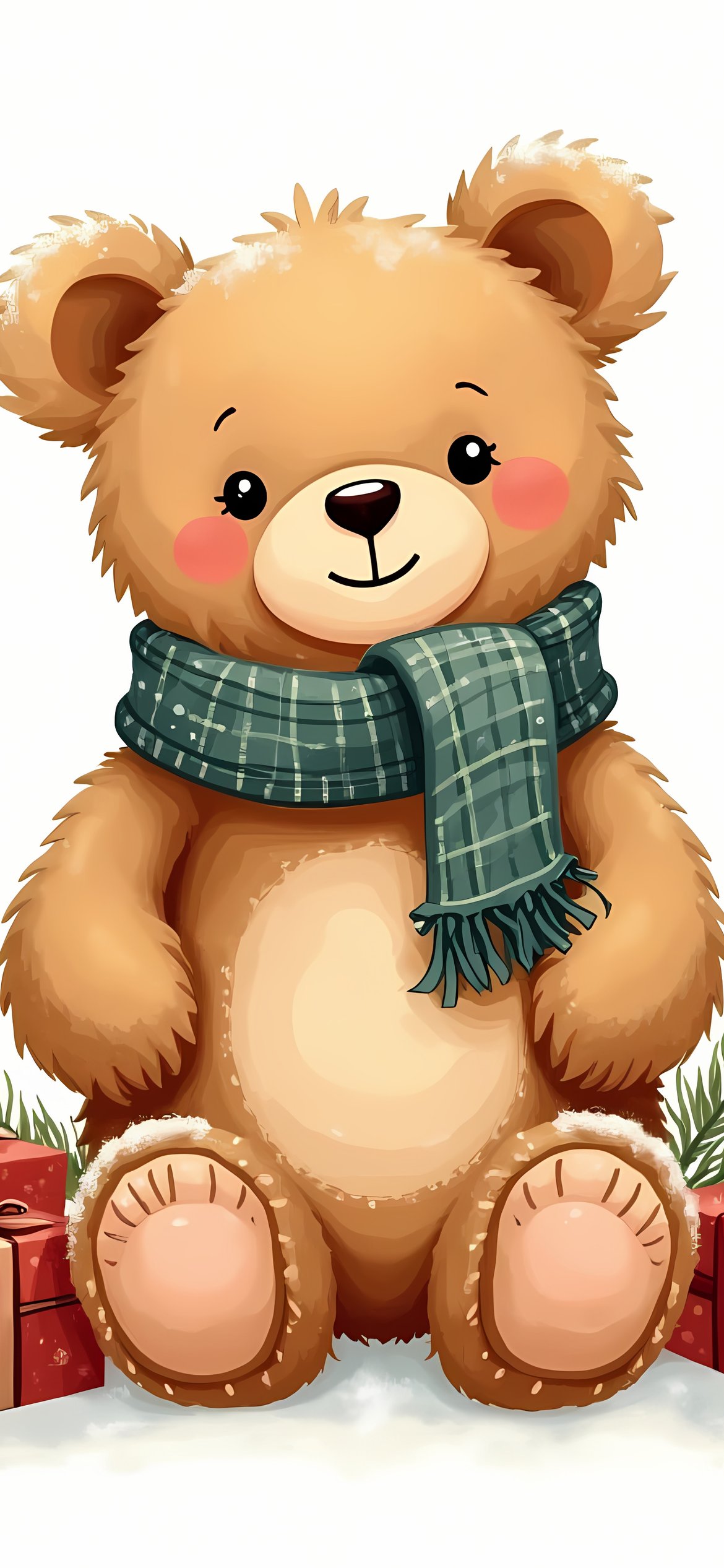 Teddy bear with scarf and gift boxes illustration - Wallpapers for iPhone 12 Pro/13 Pro/14 in 1170x2532 resolution