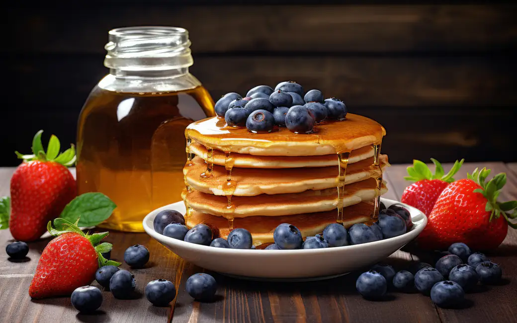 Pancakes with honey and fresh blueberries — desktop and phone wallpaper, free download