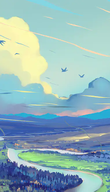 Illustrations wallpapers: river, valley, forest, mountains