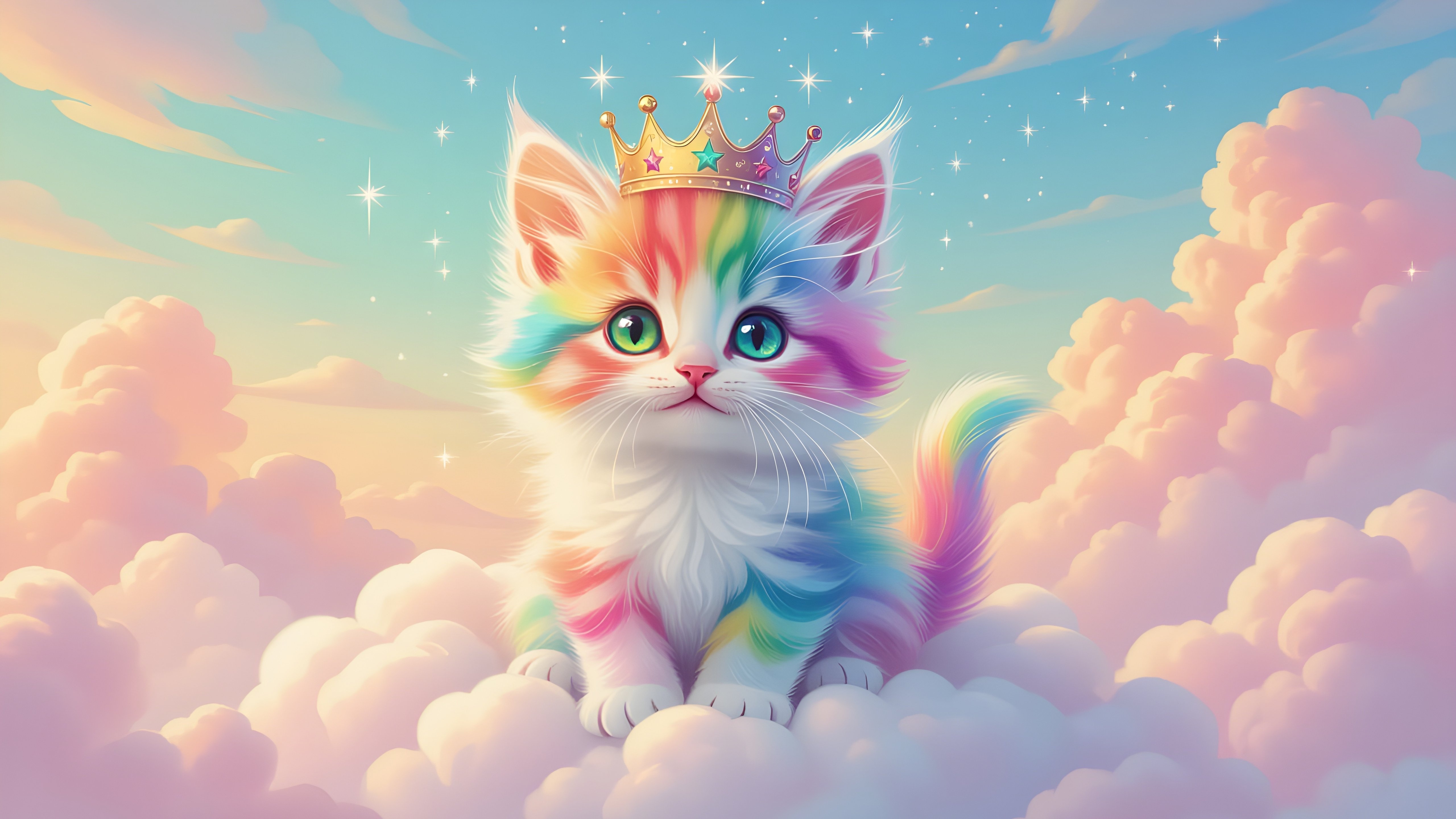 Rainbow kitten wearing a golden crown - 5K wallpapers in 5120x2880 resolution