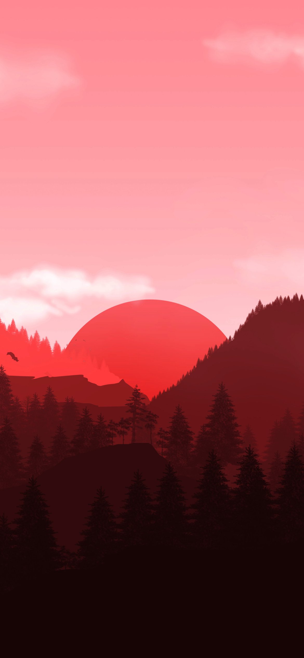 Red sunset over forest and mountains - Wallpapers for iPhone 12 Pro/13 Pro/14 in 1170x2532 resolution