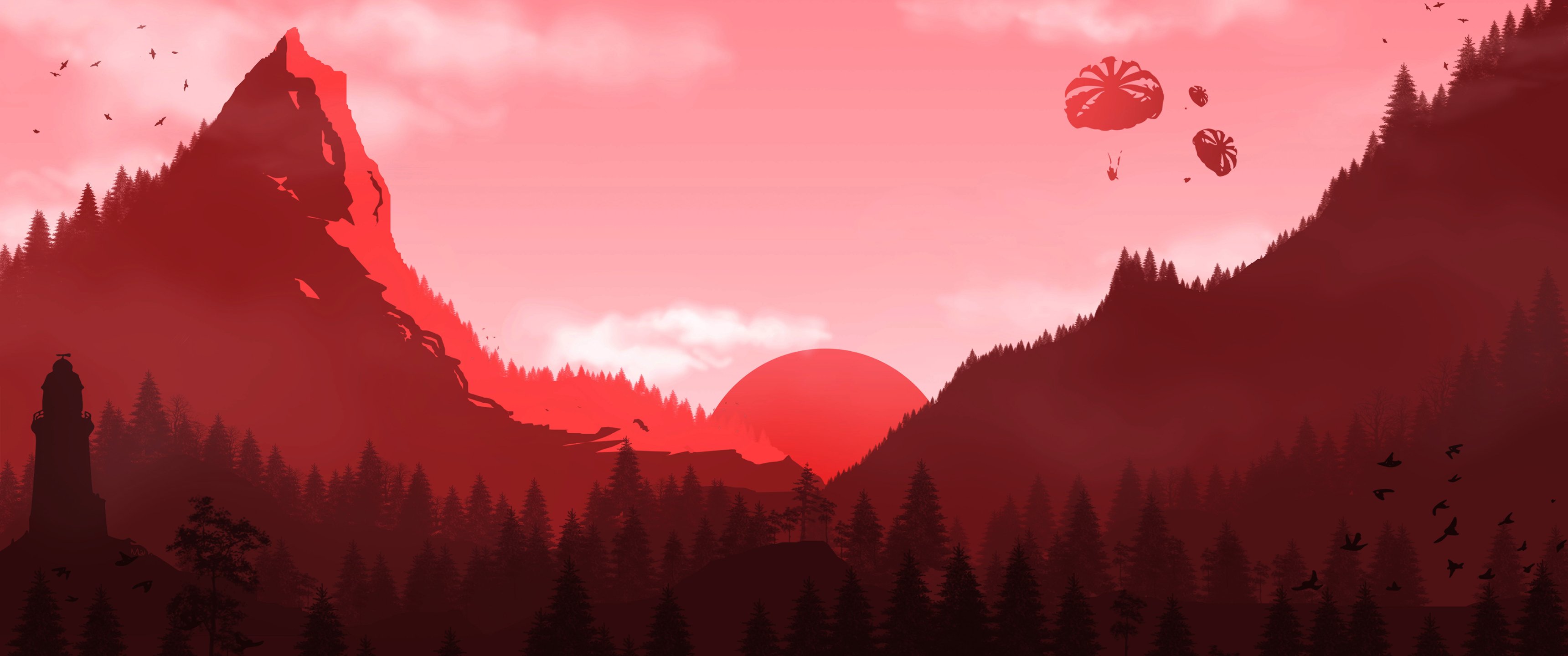 Red sunset over forest and mountains - UltraWide 21:9 wallpapers in 3440x1440 resolution