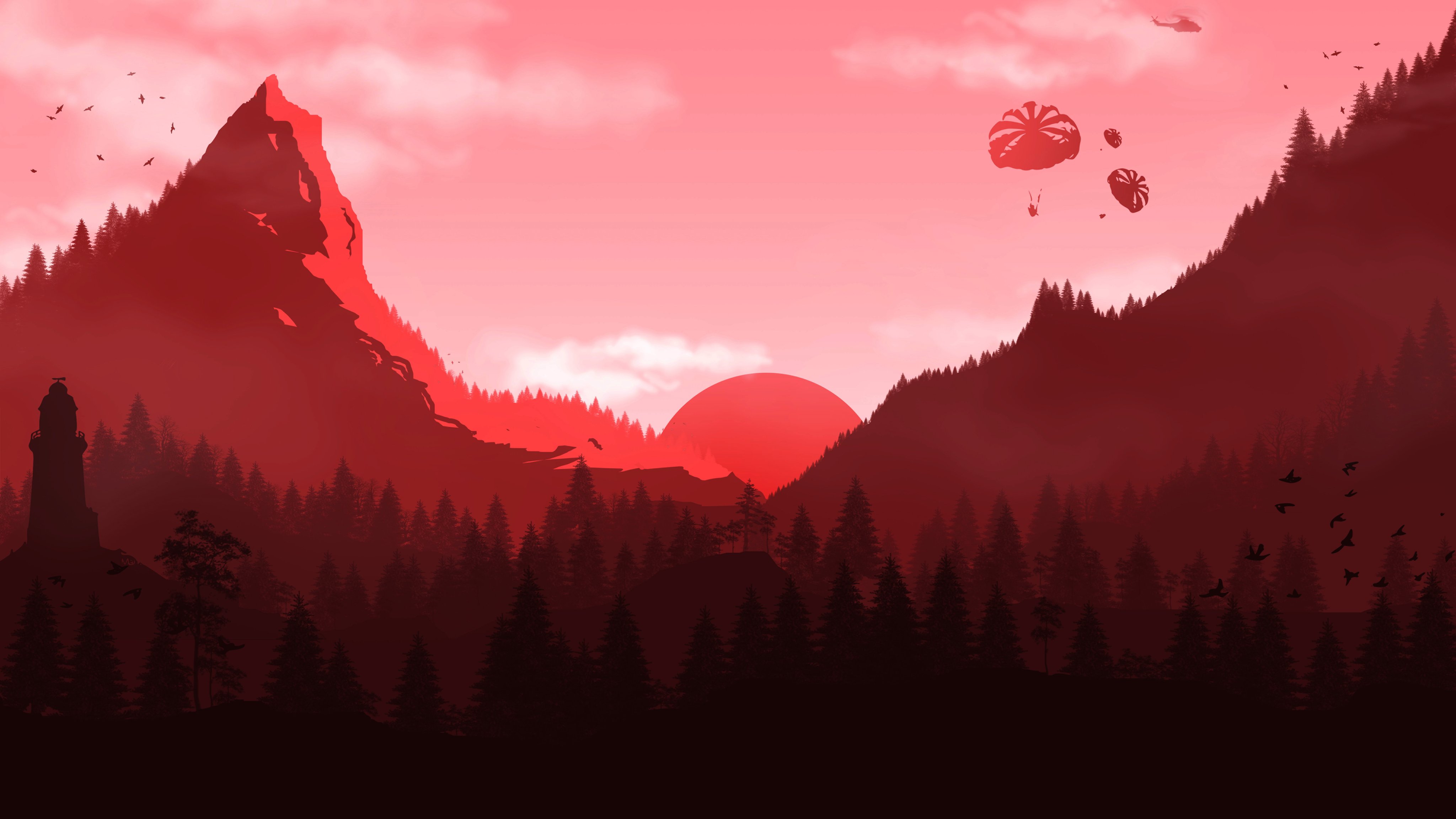 Red sunset over forest and mountains - Wallpapers for Apple iMac 21.5″ in 4096x2304 resolution