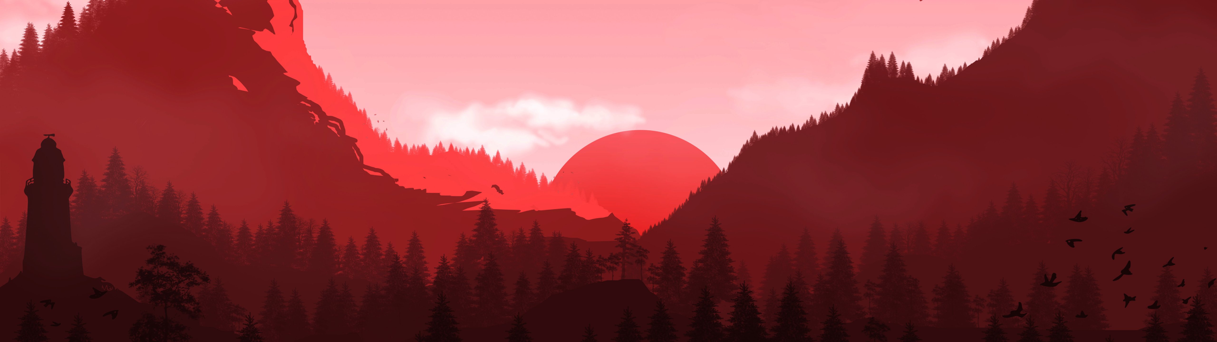Red sunset over forest and mountains - UltraWide 32:9 wallpapers in 5120x1440 resolution